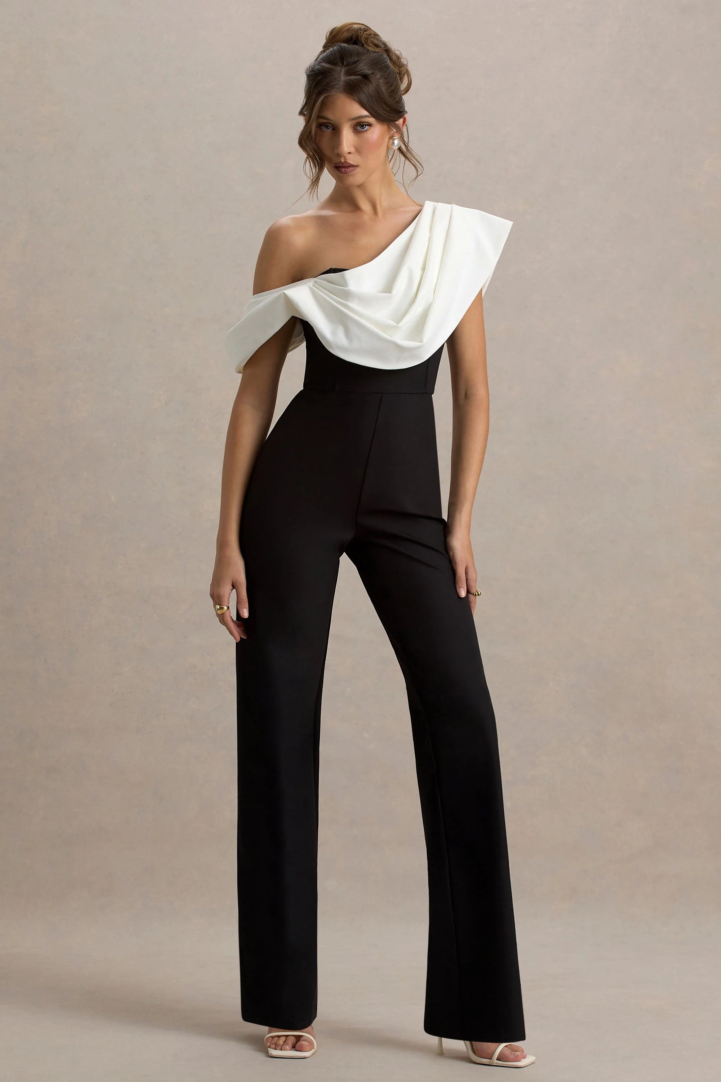 Falling For You Black & White Asymmetric Draped Jumpsuit