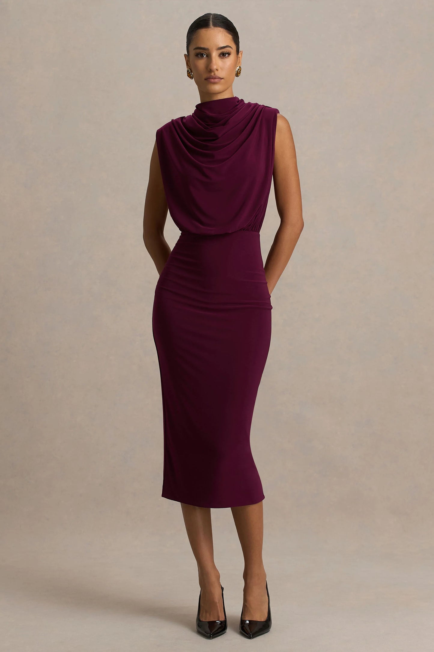 Hermia Burgundy High-Neck Midi Dress