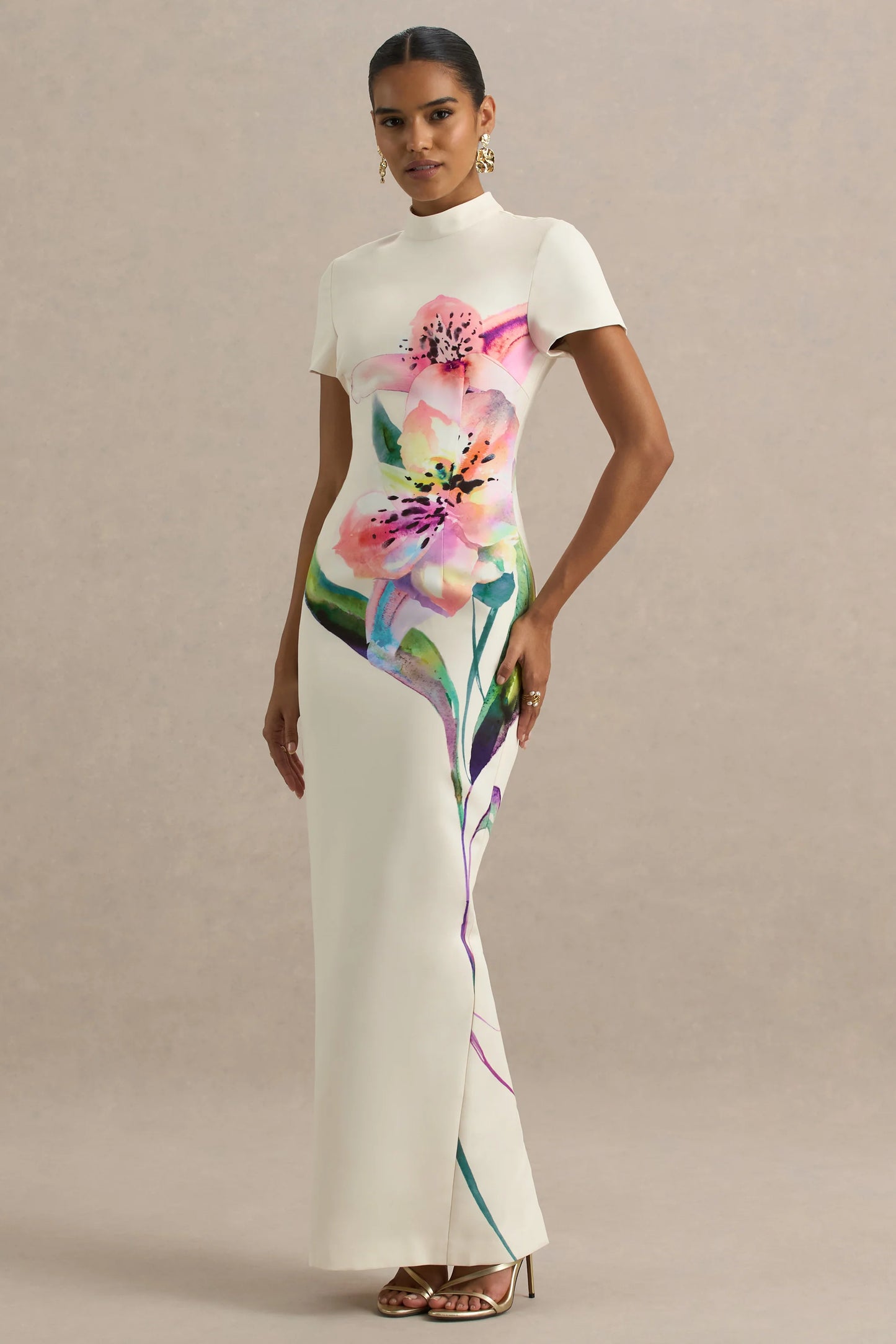 Hessie White Lily Print High-Neck Maxi Dress