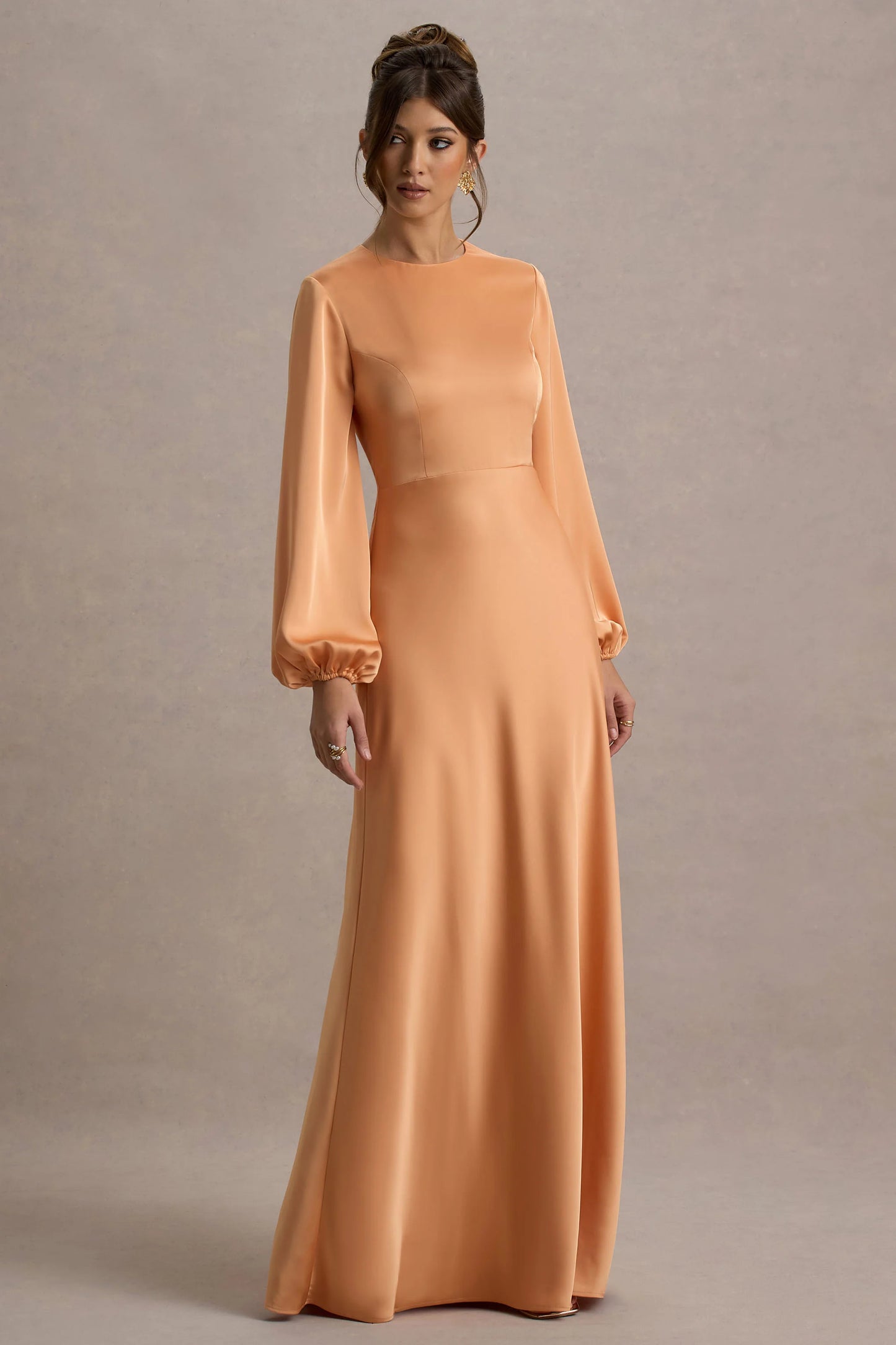 Crawley Peach Satin Puff-Sleeve Maxi Dress