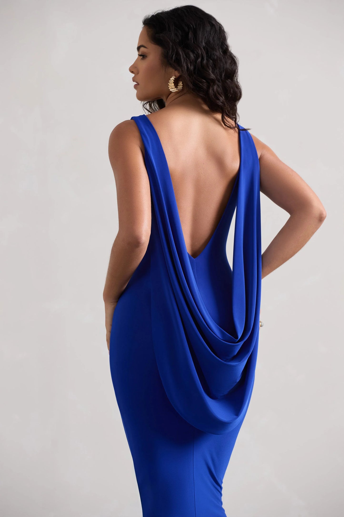 Caught Up Royal Blue Square-Neck Backless Midi Dress With Cape
