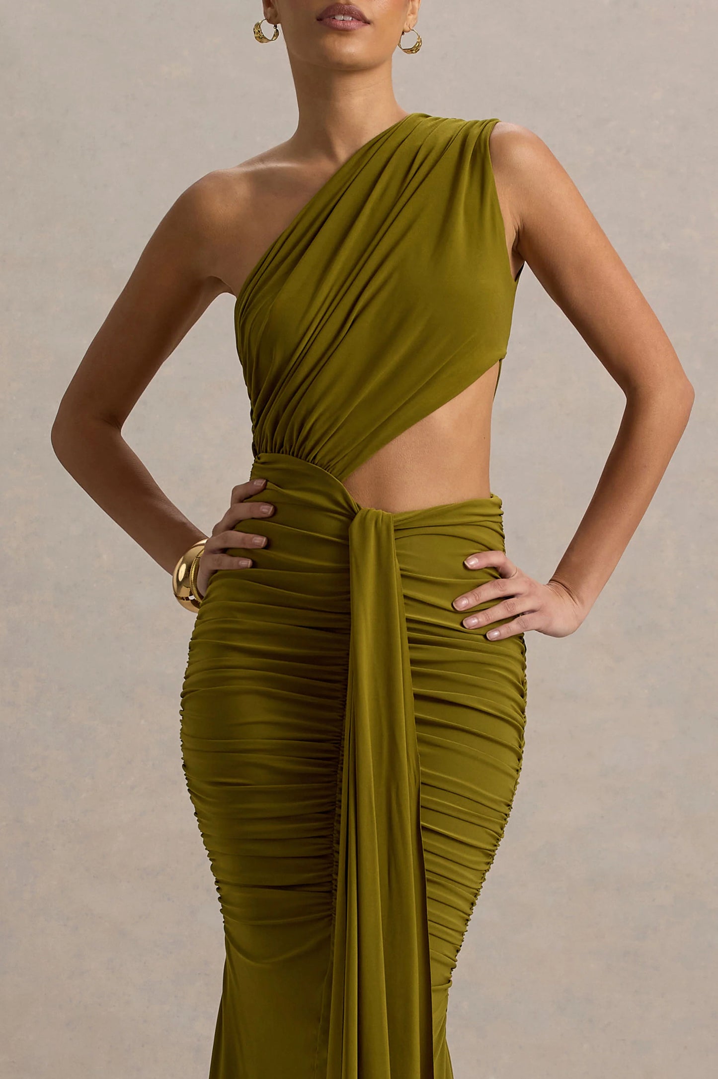 Beline Green One-Shoulder Cut-Out Maxi Dress With Drape
