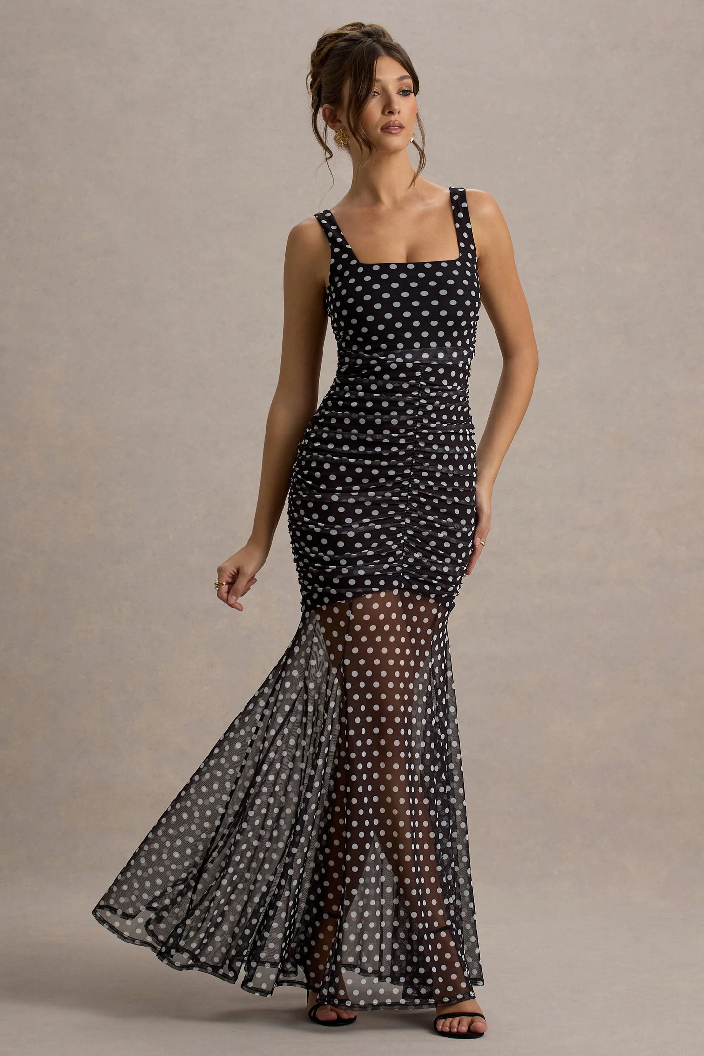 Galaxia Black & White Polka Dot Maxi Dress With Mesh Skirt