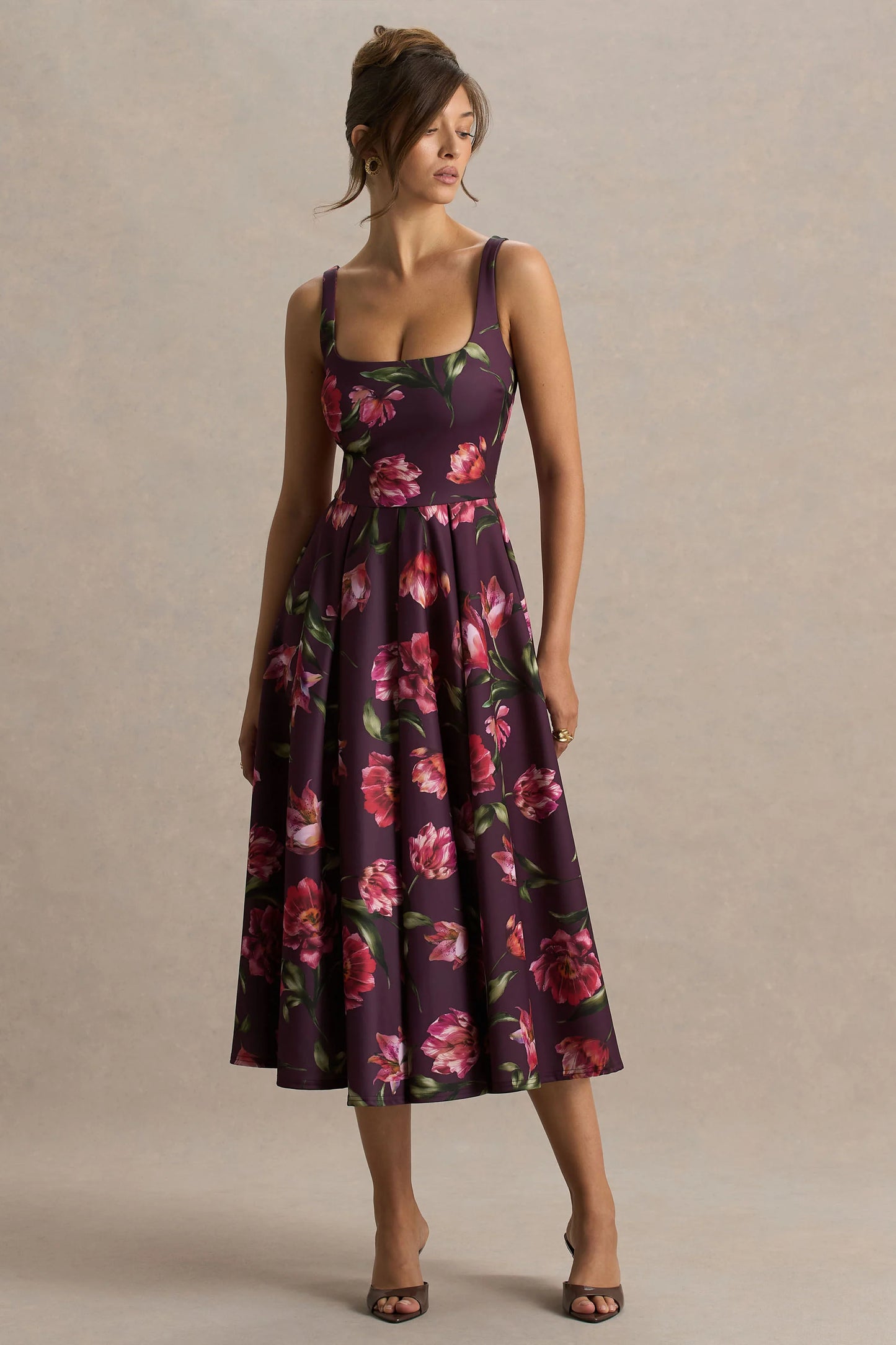 Berta Burgundy Floral Print Square-Neck Midi Dress