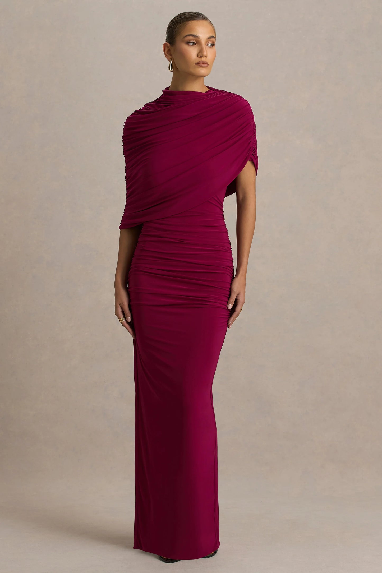 Glitz Burgundy High-Neck Maxi Dress With Cape Sleeve and Ruched Detailing