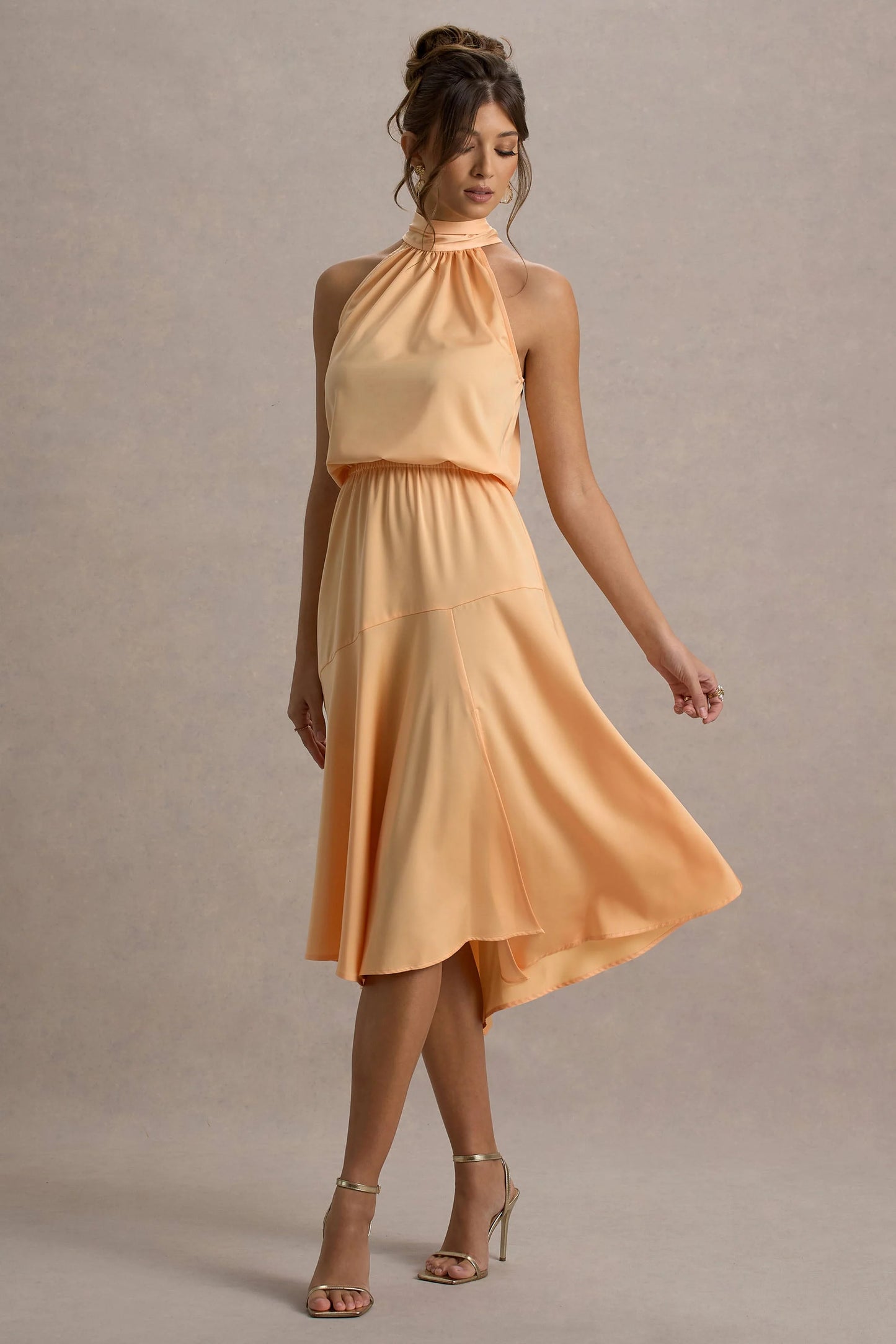 Palonia Peach Satin High-Neck Split Midi Dress