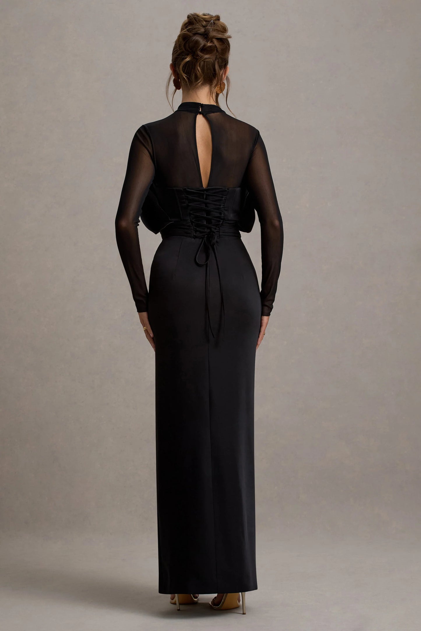 Alder Black Mesh Long-Sleeve Ruffled Split Maxi Dress