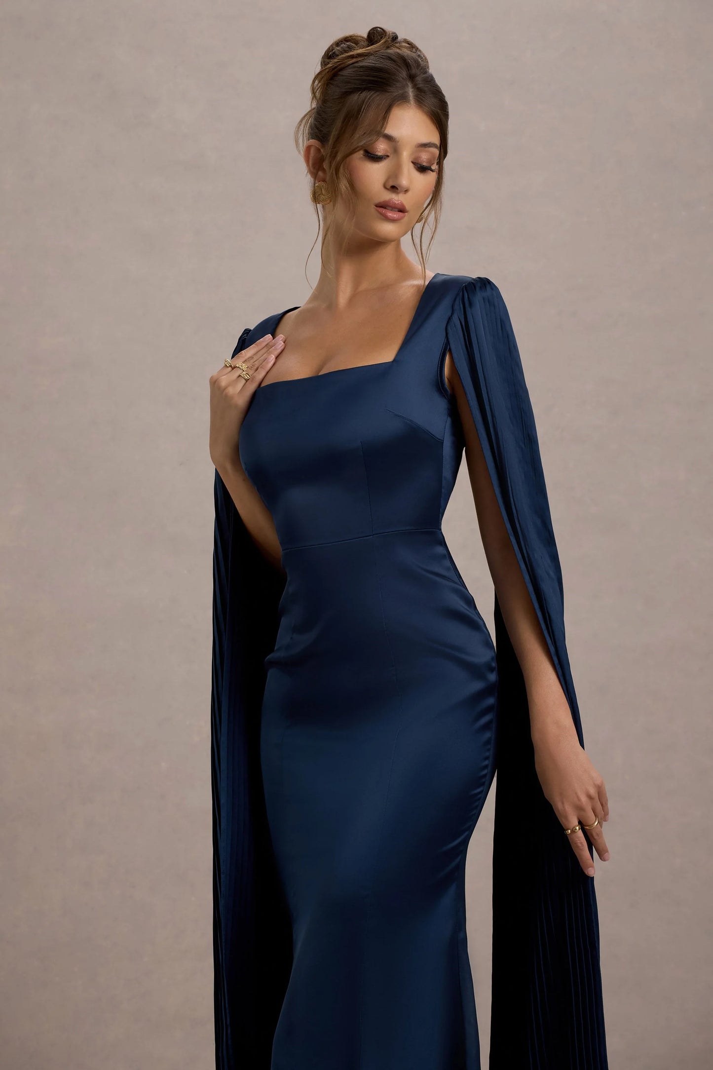 Nalda Navy Square-Neck Midi Dress With Cape Sleeves