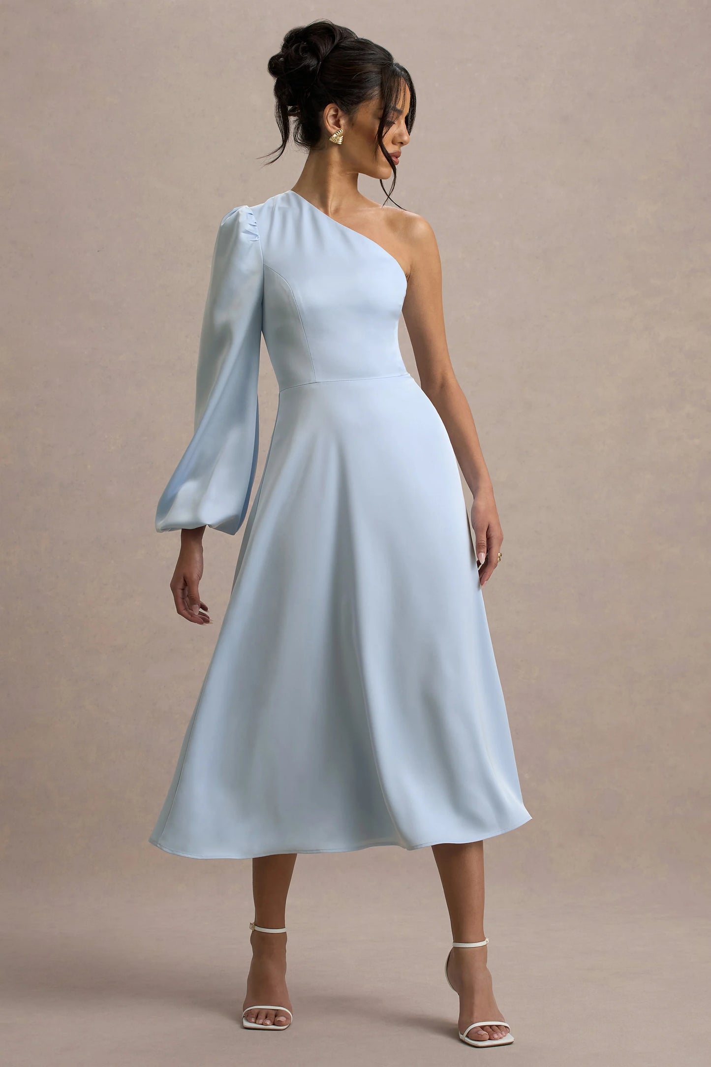 Haila Powder Blue Satin One-Shoulder Midi Dress