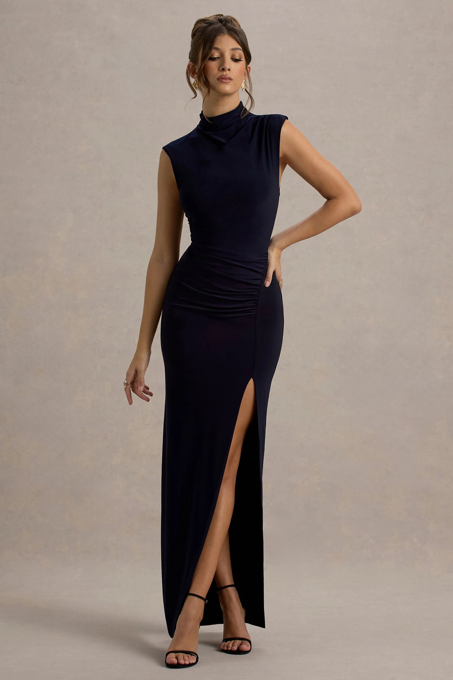 Lanetta Navy Ruched High-Neck Maxi Dress With Split