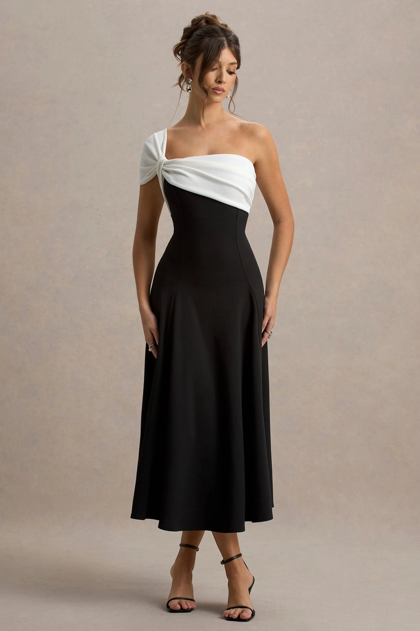Malta Black & White One-Shoulder Midi Dress