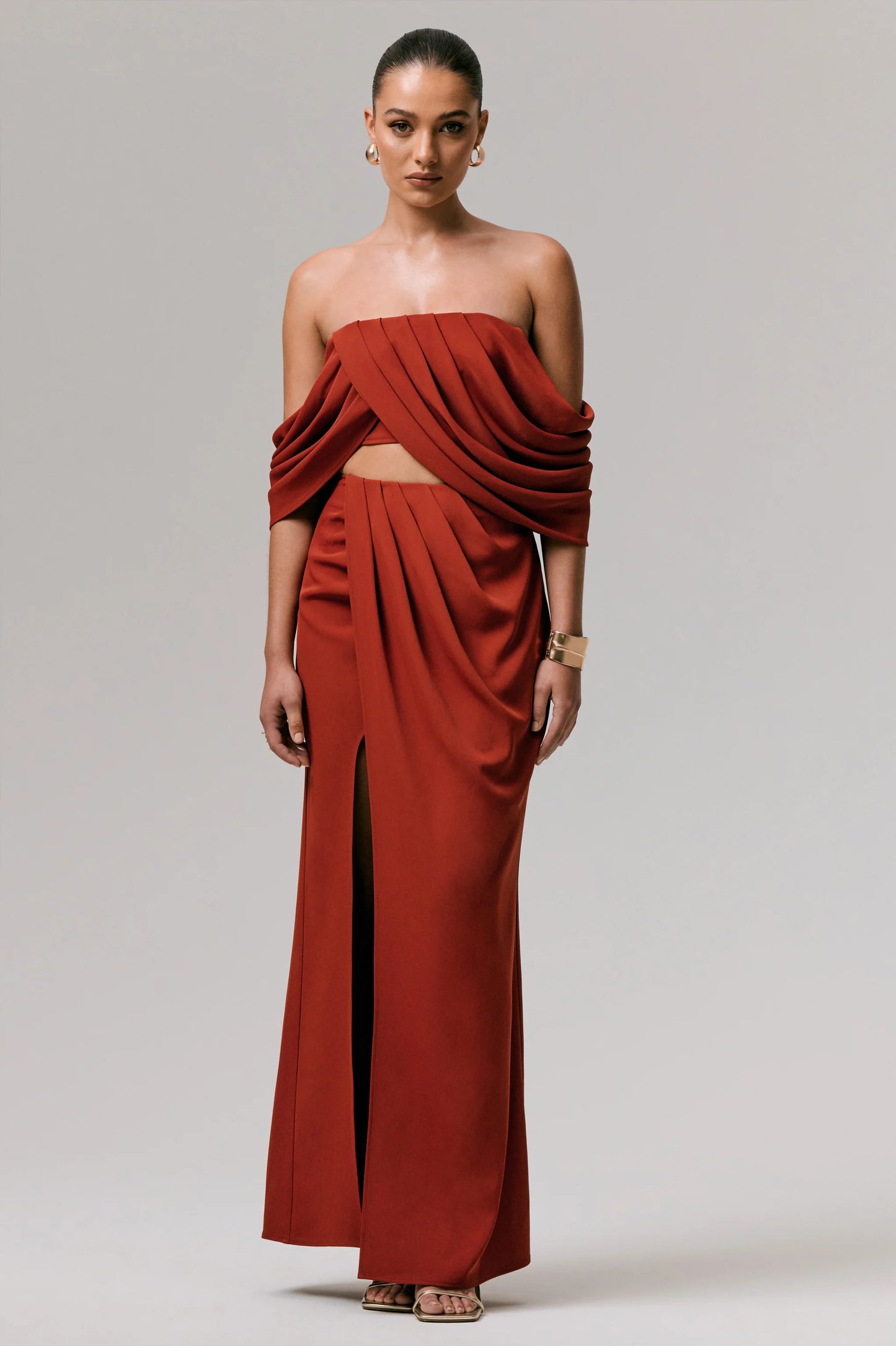 Talika Terracotta Bardot Crop-Top With Draped Sleeves
