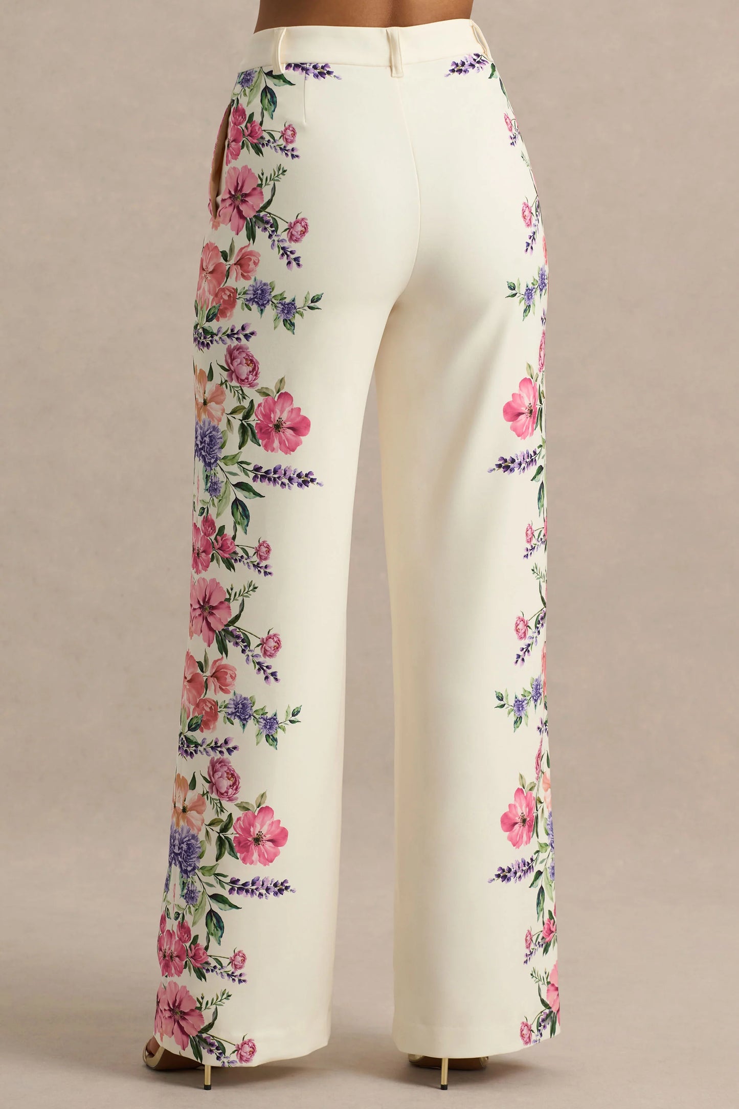 Solana White Floral Border Print Wide-Leg Trousers