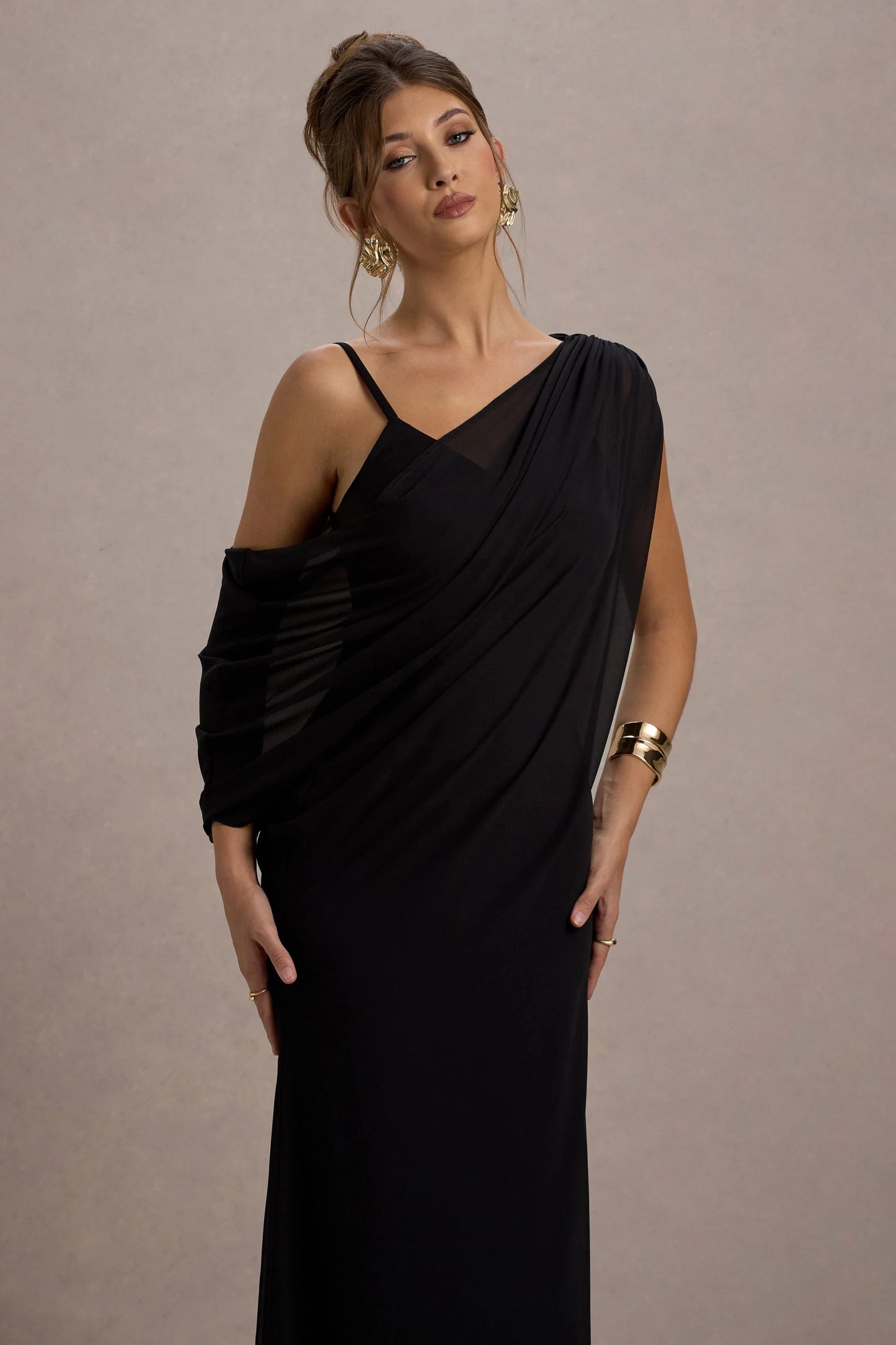 Aeliana Black Strappy V-Neck Maxi Dress With Chiffon Sash