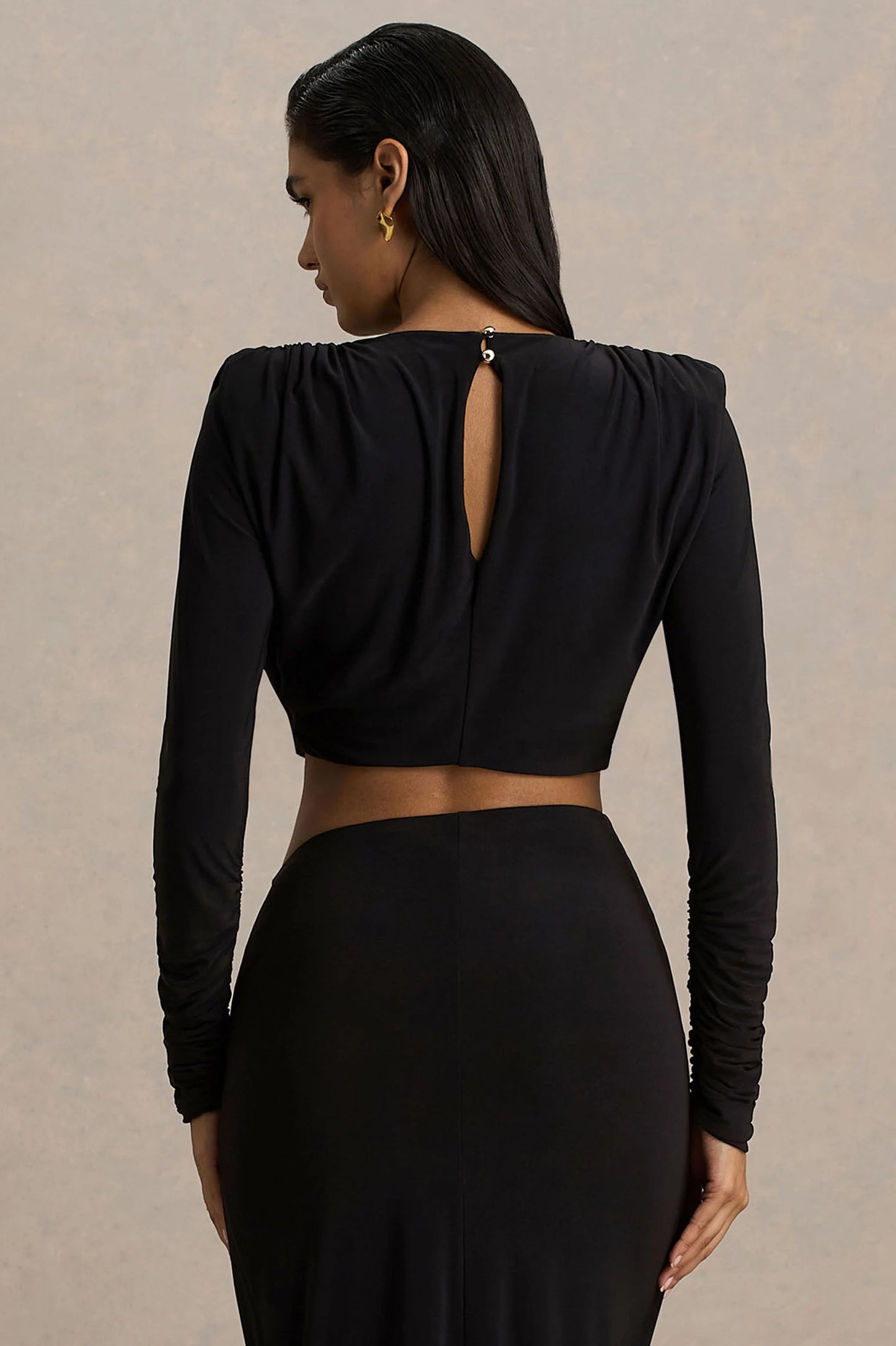 Fluxy Black Long-Sleeved Crop-Top With Ruched Detailing