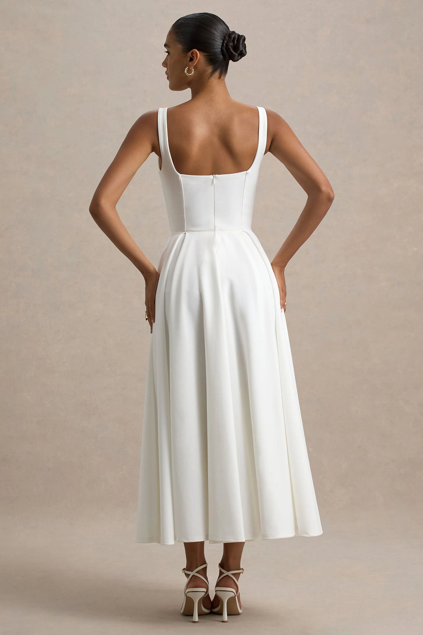 Parina White Strappy Volume-Hem Midi Dress