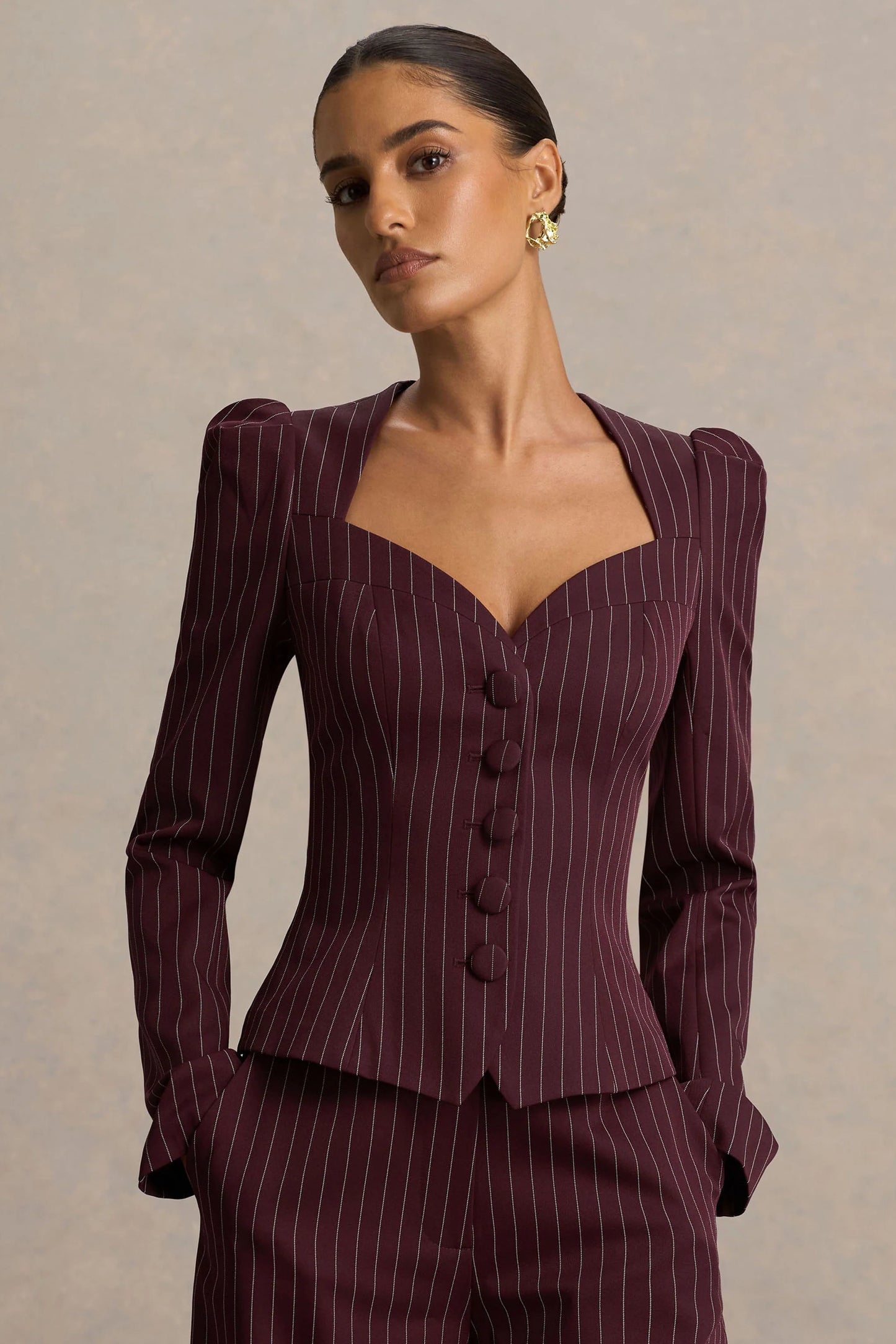 Lana Burgundy Pinstripe Woven Sweetheart-Neck Tailored Top