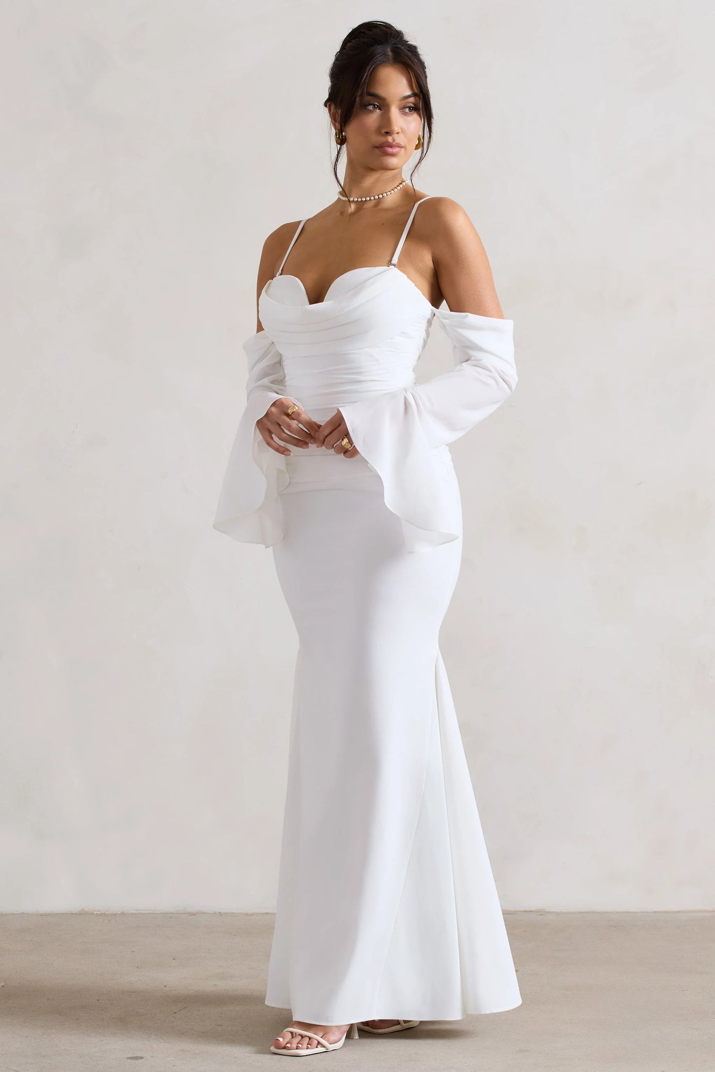 Rhiannon Cream Draped Flared-Sleeve Fishtail Maxi Dress