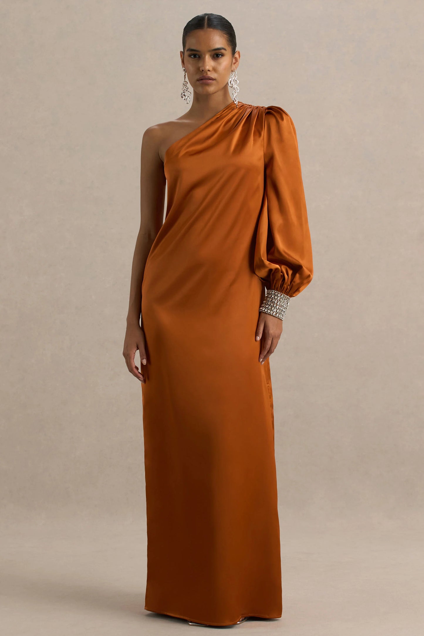 Thelma Orange Satin Asymmetric Maxi Dress With One-Sleeve