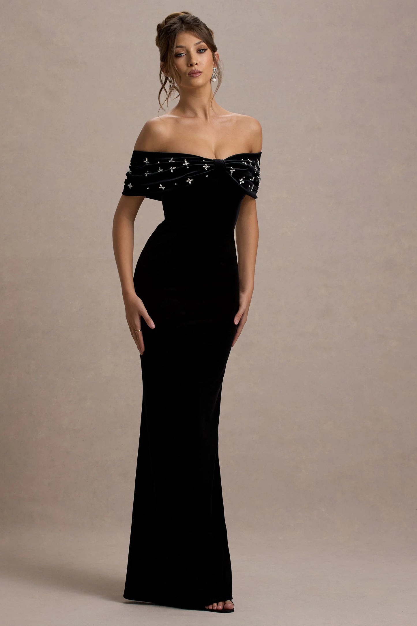 West End Black Velvet Embellished Bardot Maxi Dress