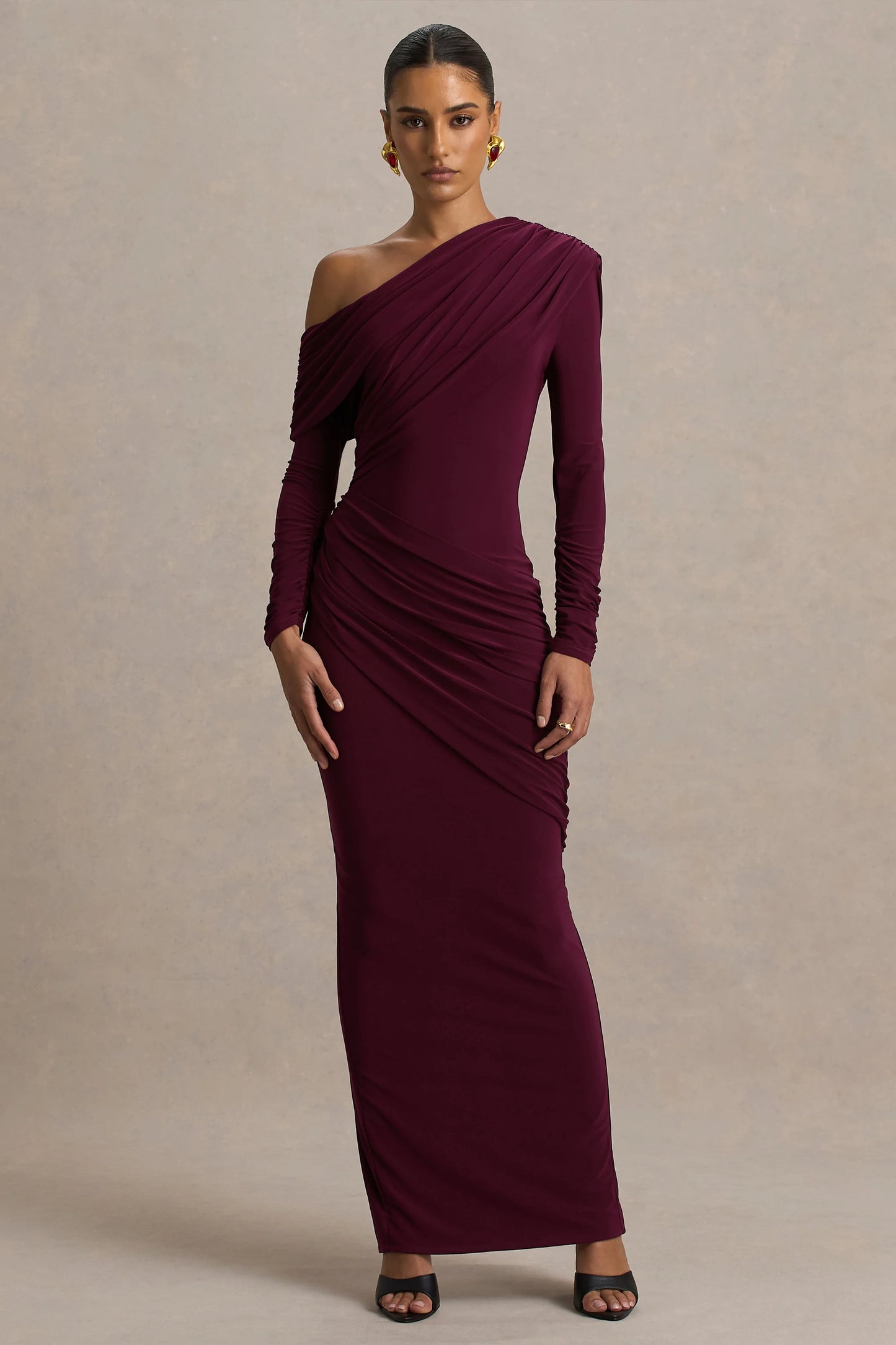 Perrie Burgundy Asymmetric-Neck Maxi Dress With Ruched Detailing