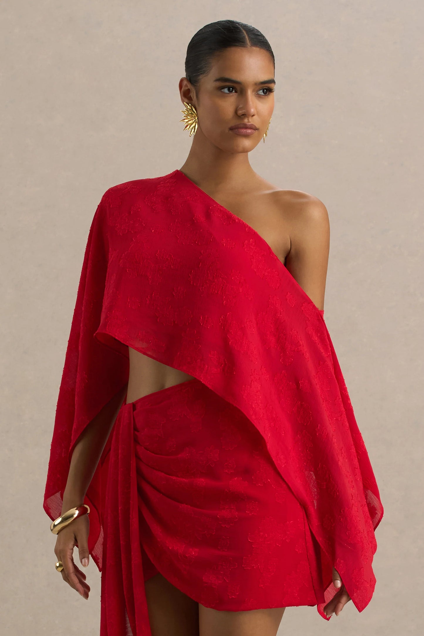 Aruba Red Satin Devore Asymmetric Long-Sleeve Crop Top