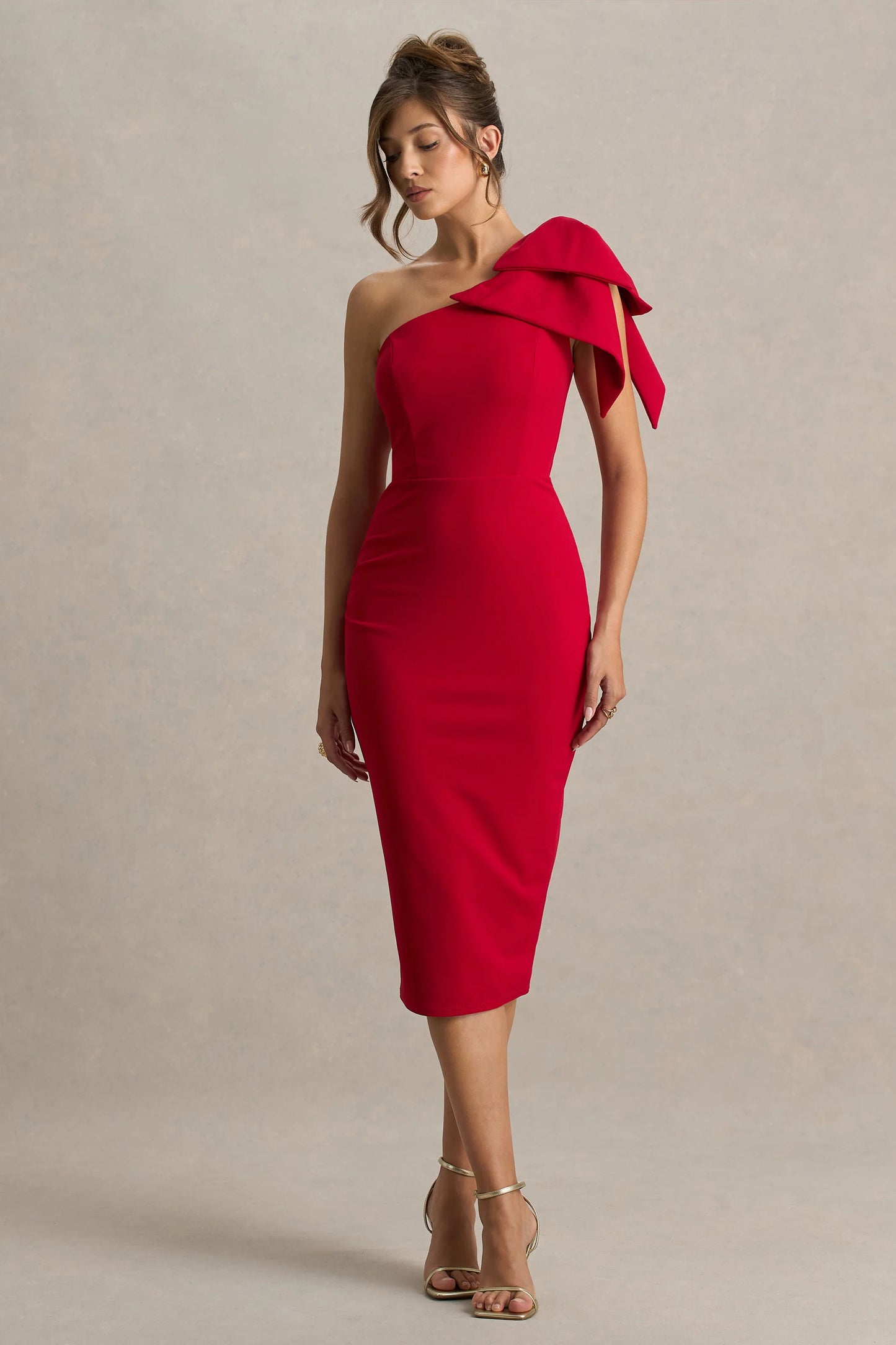 Ambretta Red One-Shoulder Midi Dress With Bow