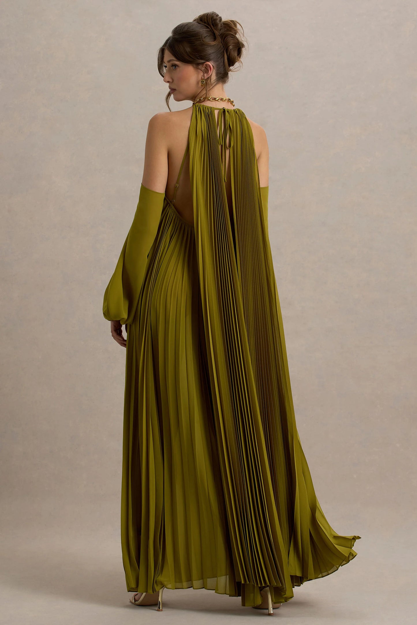 Reyna Olive Pleated Chiffon Cold-Shoulder Maxi Dress