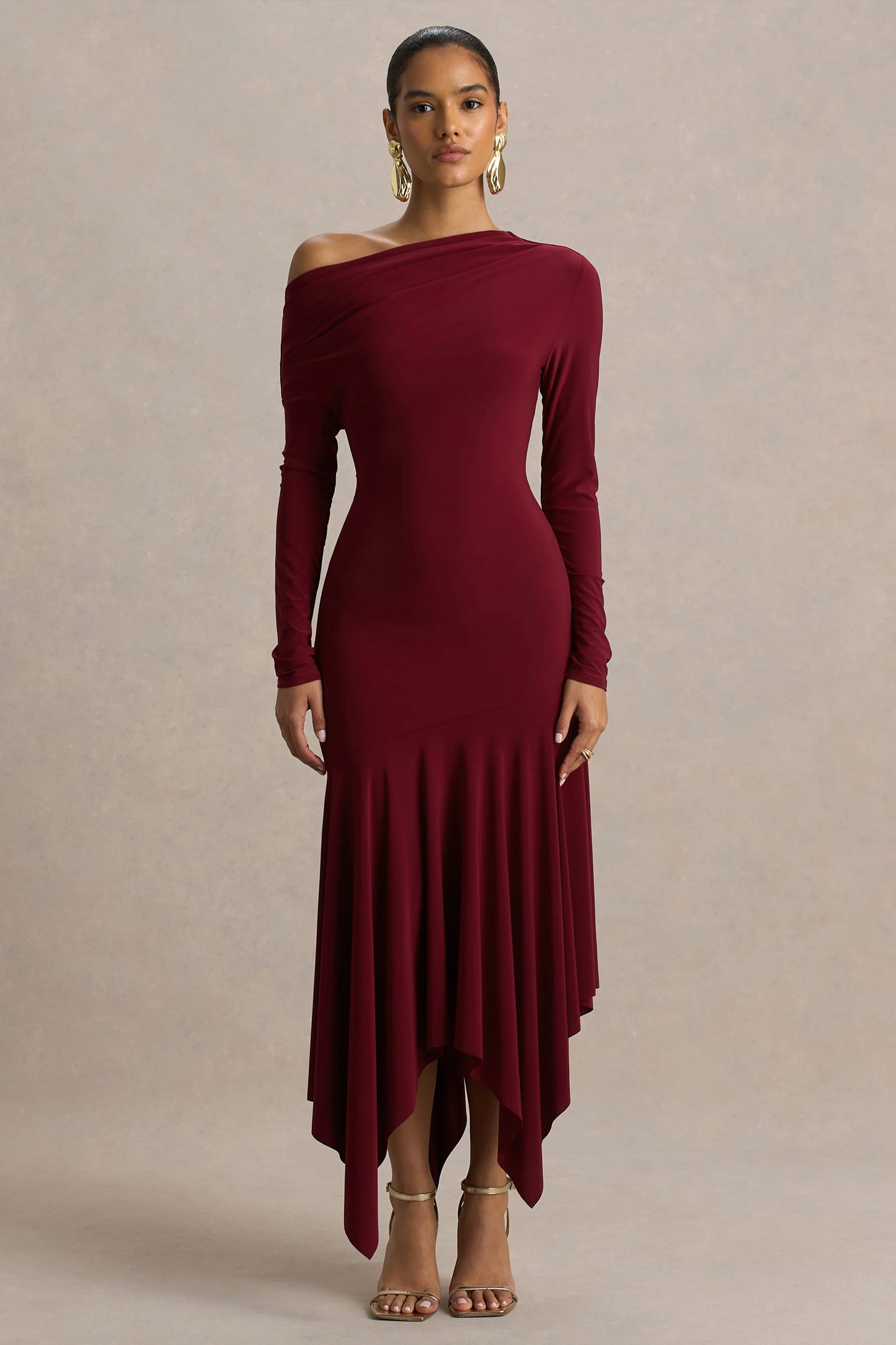 Isola Burgundy Asymmetric-Neck Midi Dress With Hanky-Hem