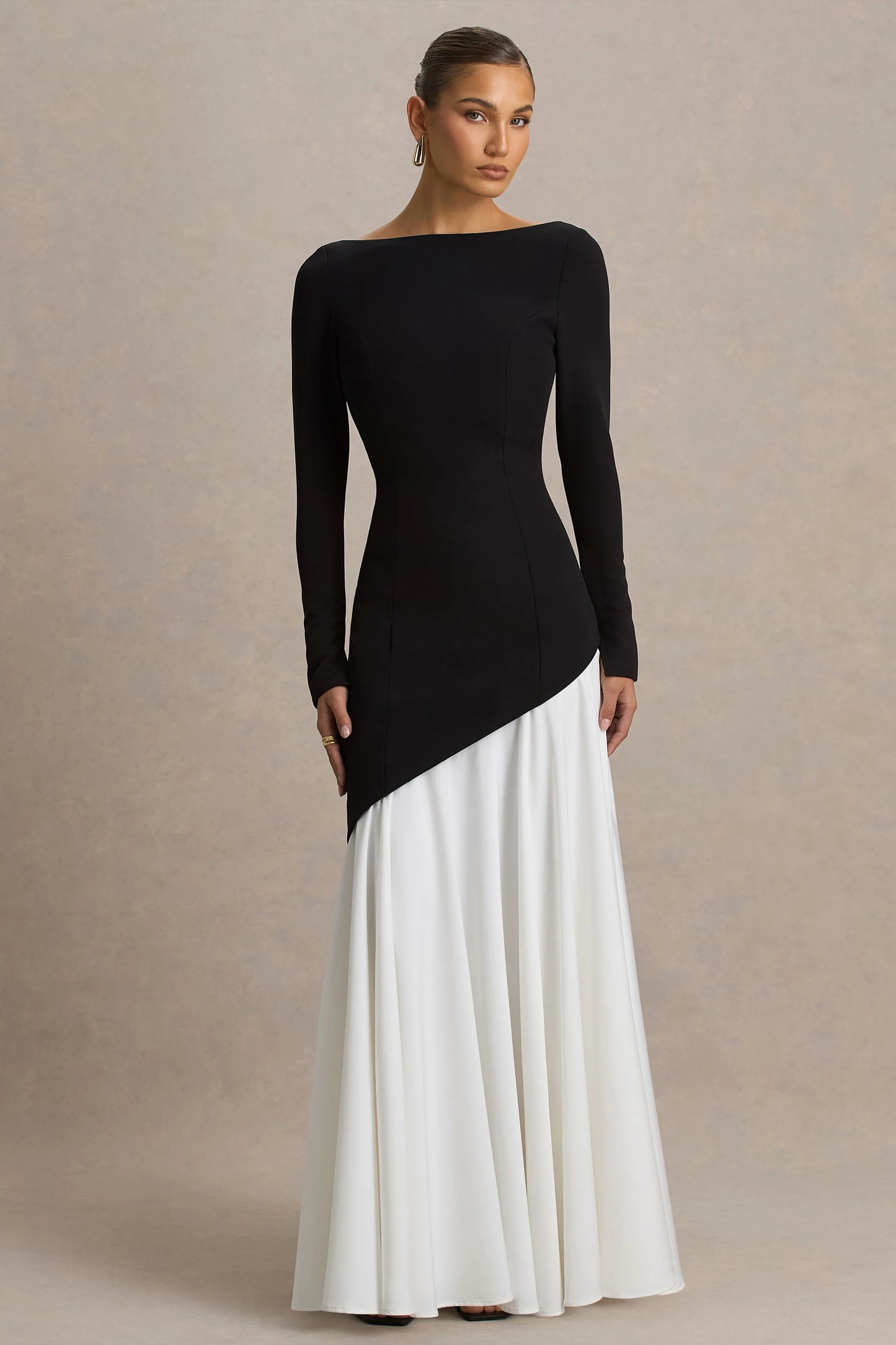 Caty Black And White Long-Sleeved Maxi Dress With Asymmetric Drop-Waist