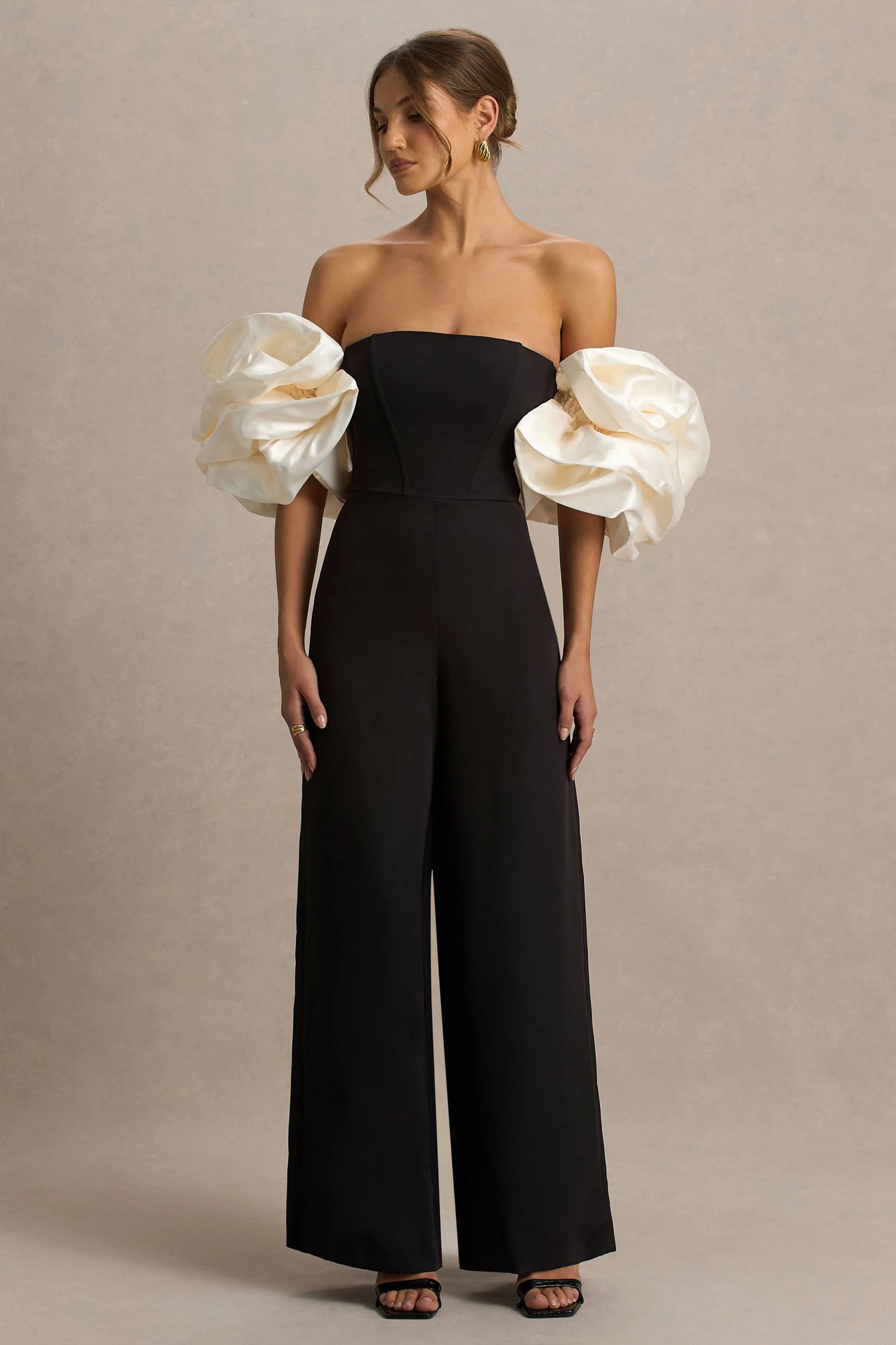 Panama Black Bardot Jumpsuit With Cream Puff Sleeves