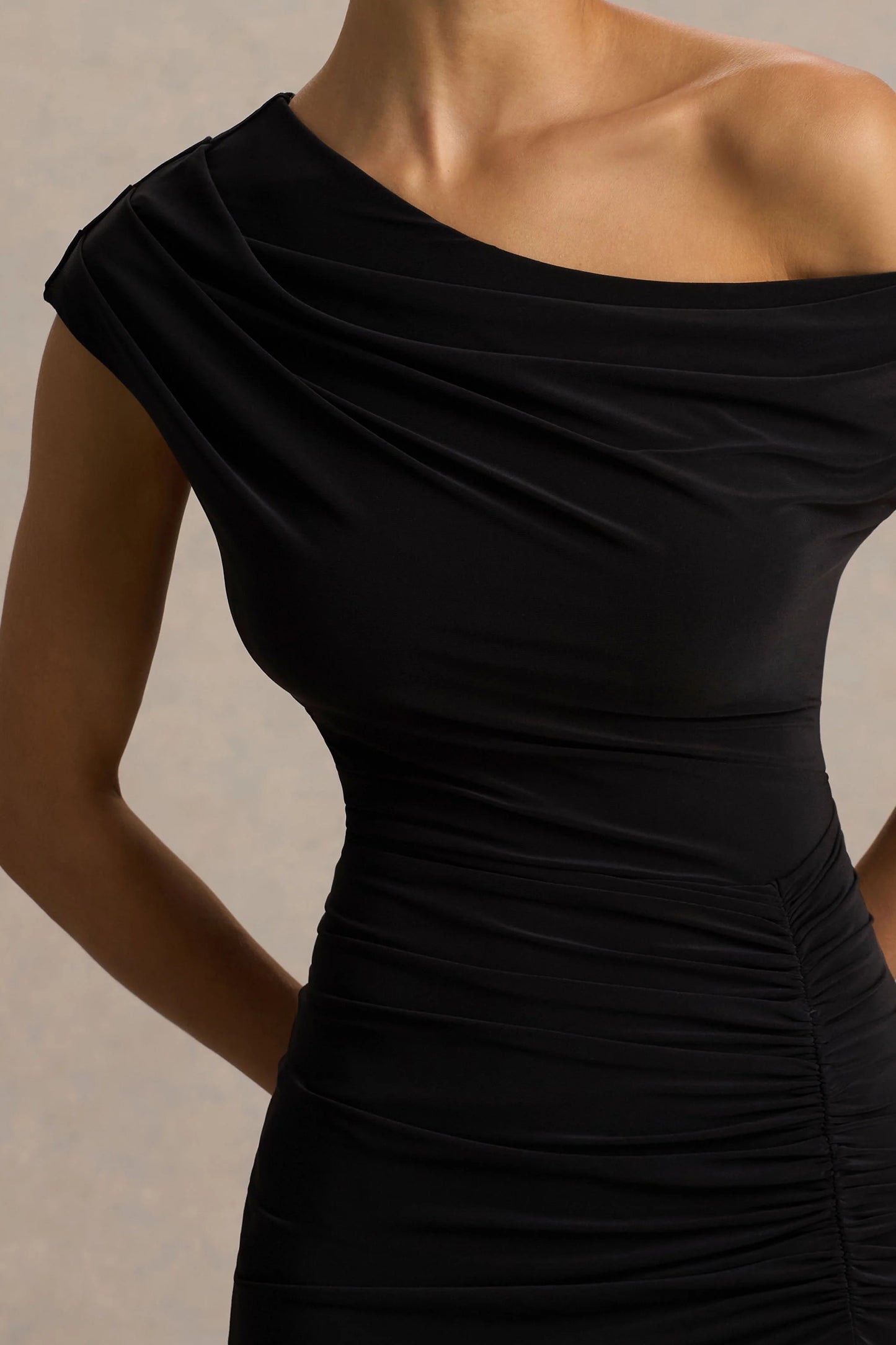 Kady Black Asymmetric-Neck Maxi Dress With Ruched Detailing and Front-High Split