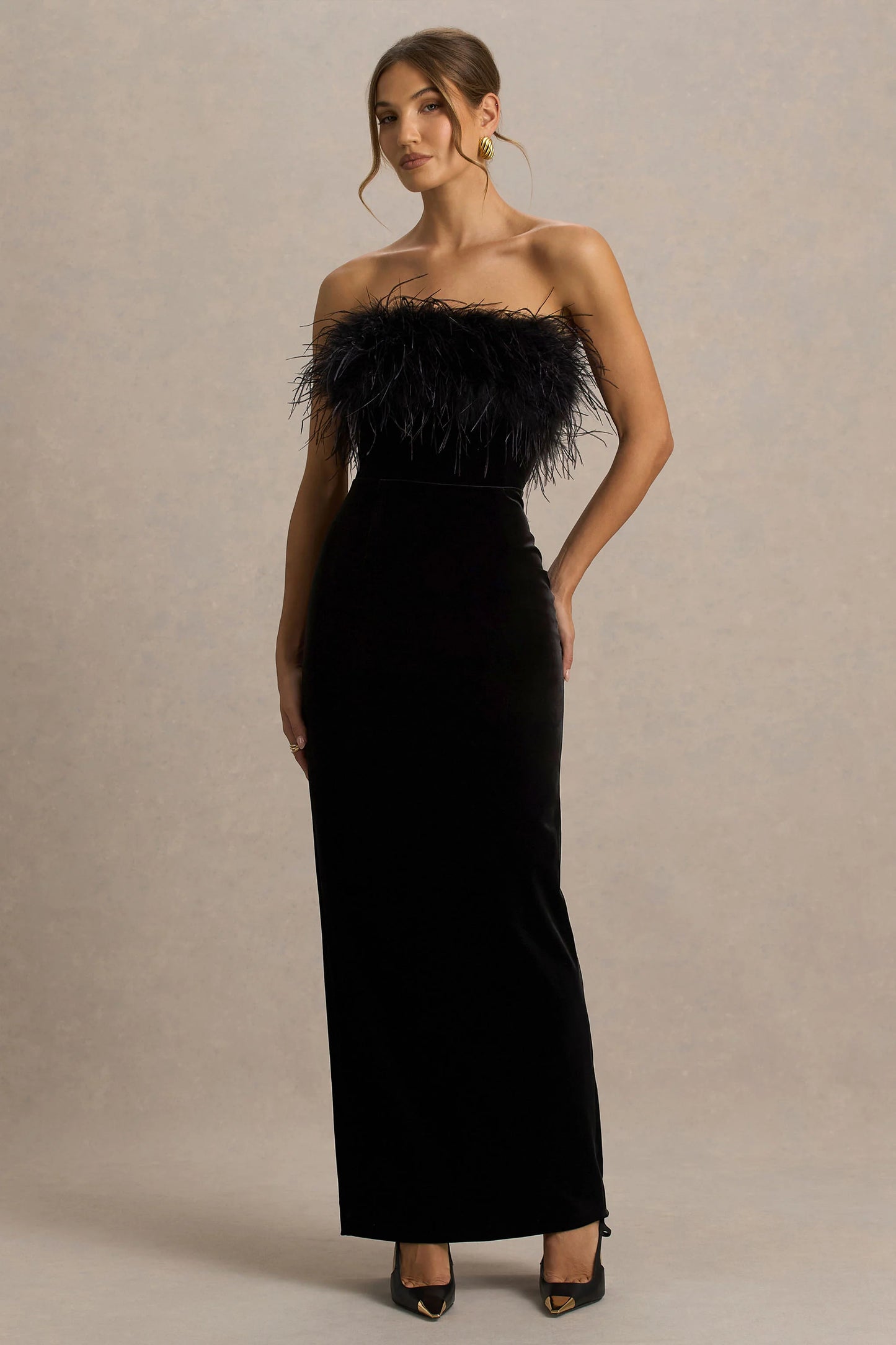 Arella Black Velvet Bandeau Maxi Dress With Feather Trim
