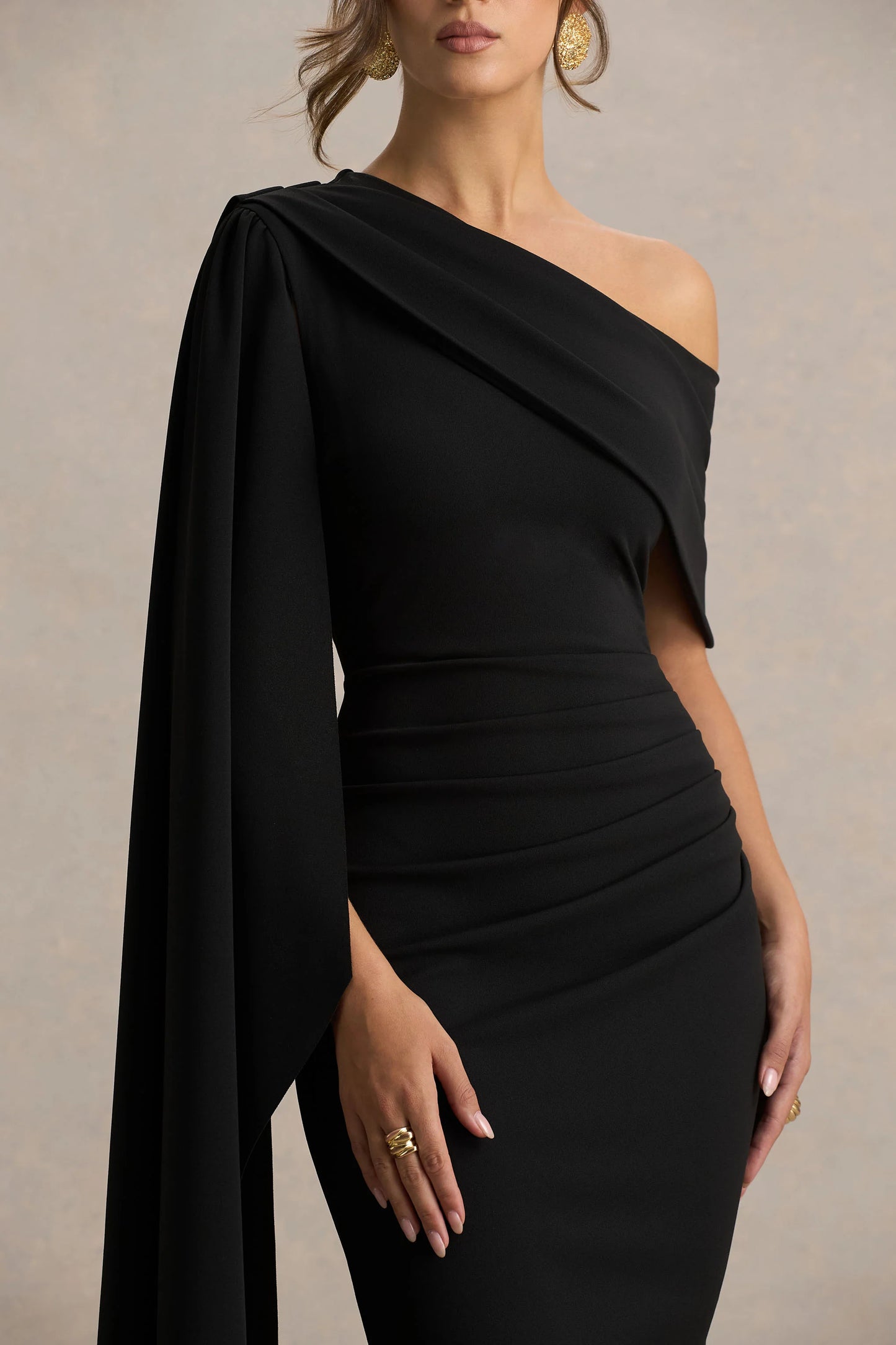 Leah Black Asymmetric-Neck Midi Dress With Cape-Sleeve