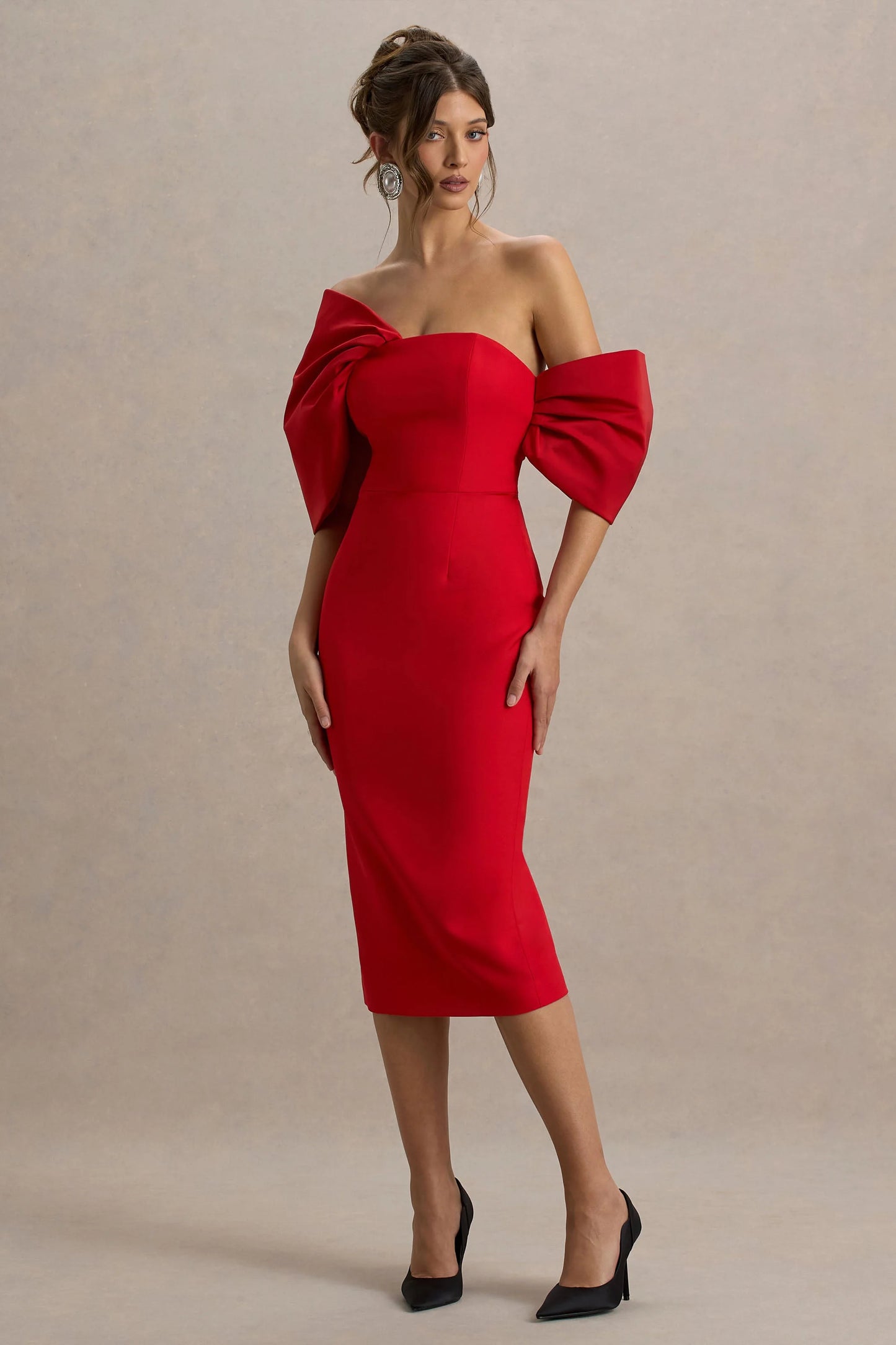 Lucille Red Asymmetric Bardot Midi Dress With Bow Detail
