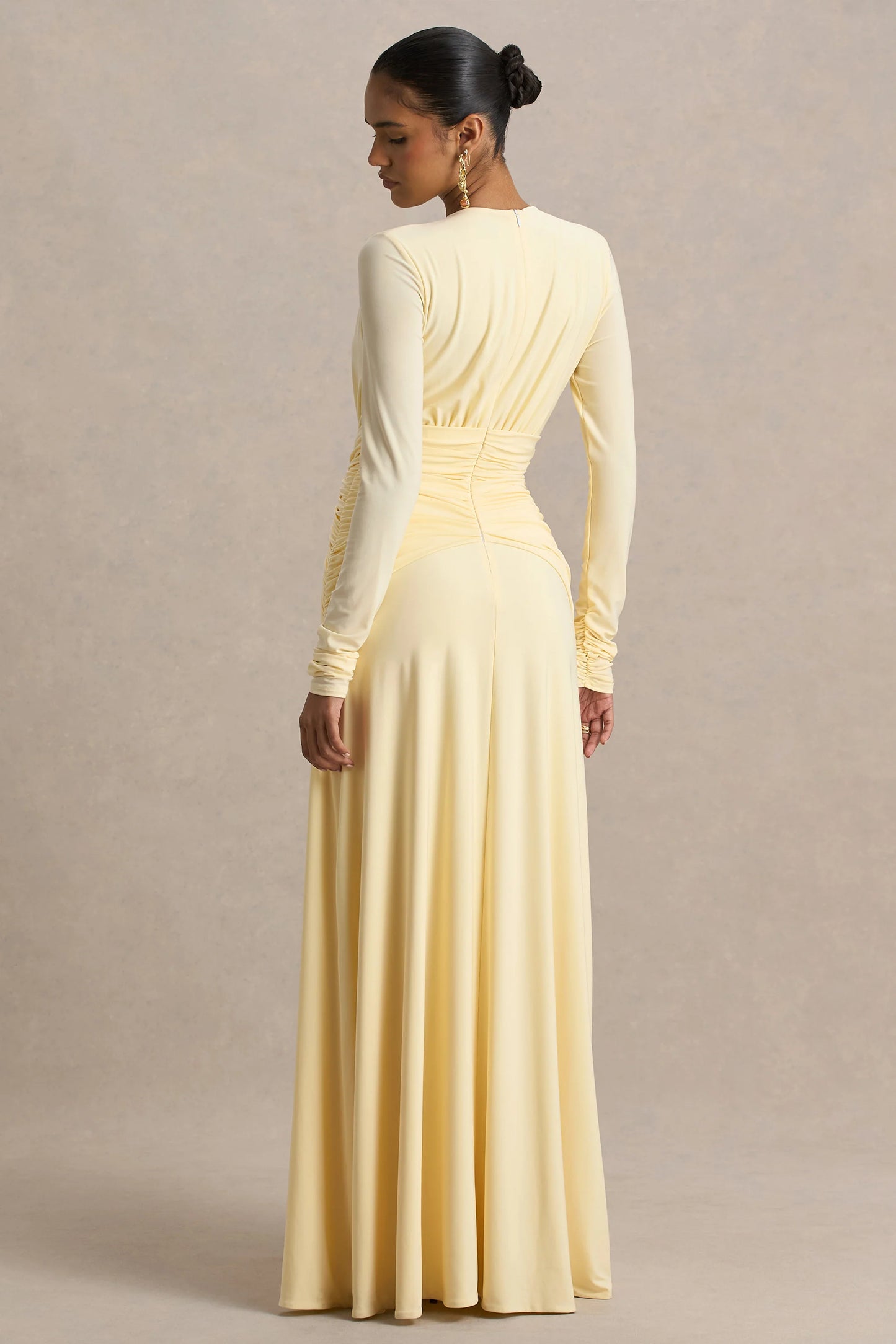 With Me Lemon High-Neck Maxi Dress With Ruched Detailing