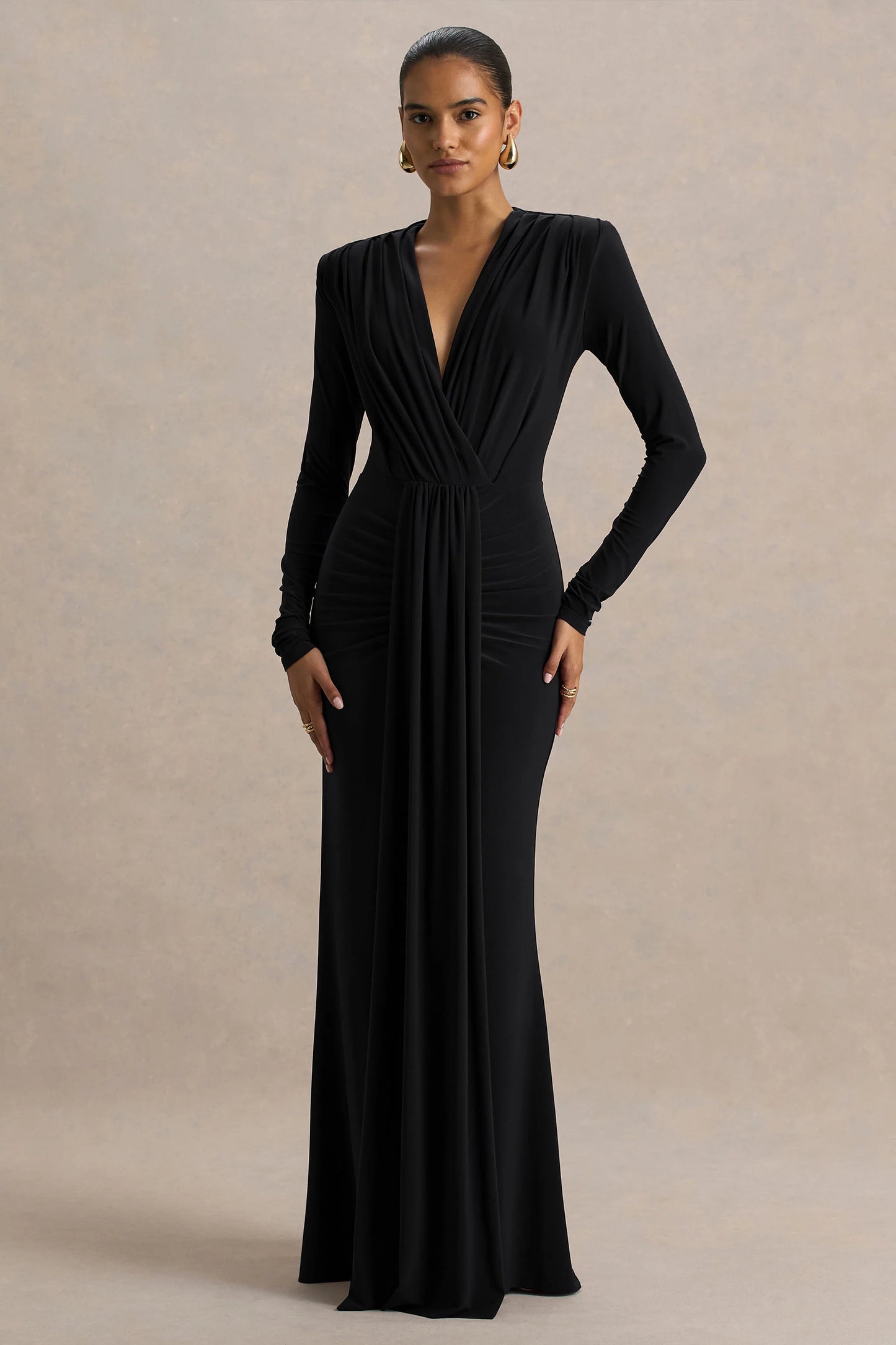 Flashy Black Plunge-Neck Maxi Dress With Ruched Detailing