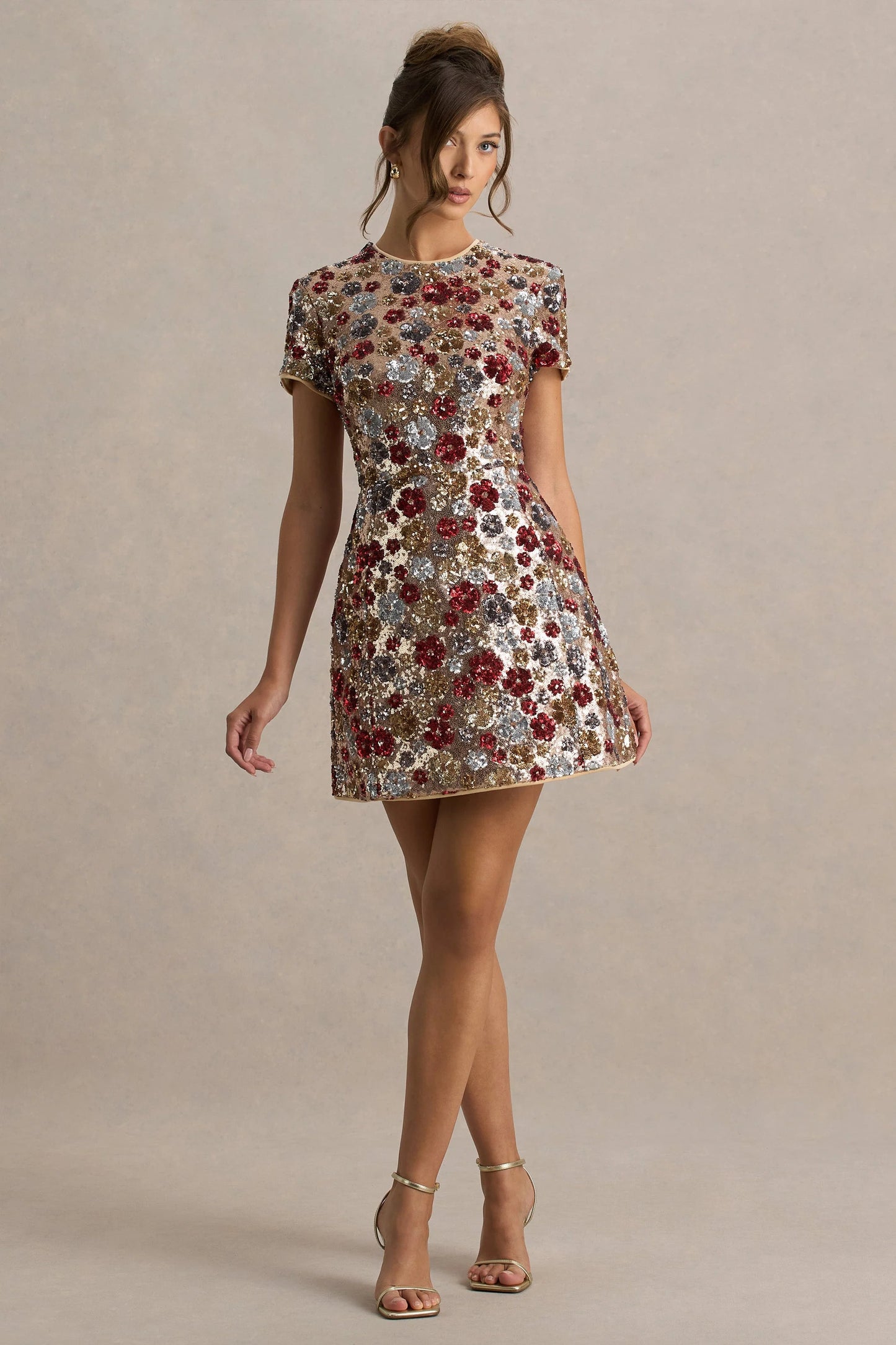 Eira Red Floral Embellished Sequin Crew-Neck Mini Dress