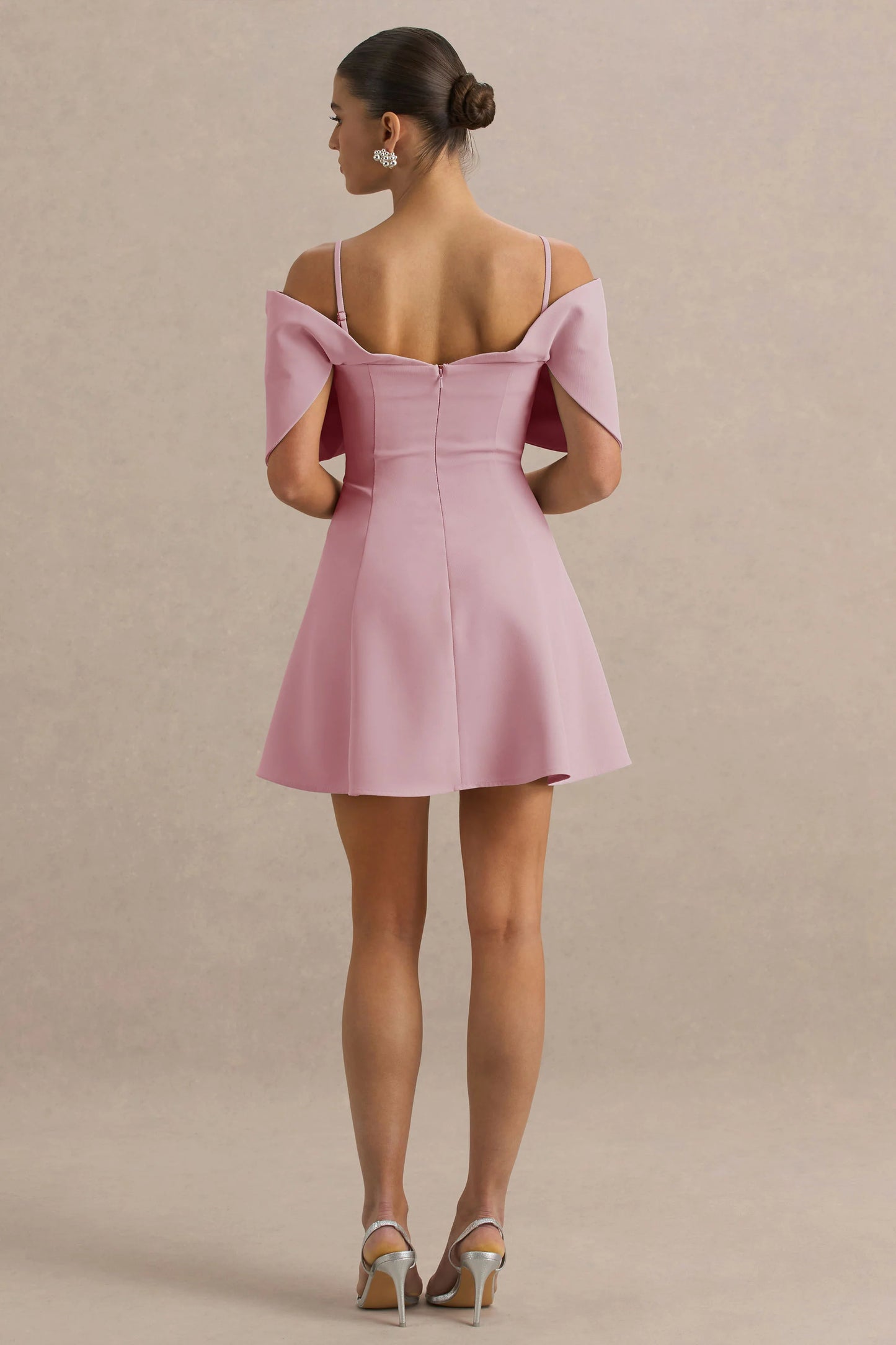 Faria Blush Pink Short-Sleeve Bardot Mini Dress With Bow Detail
