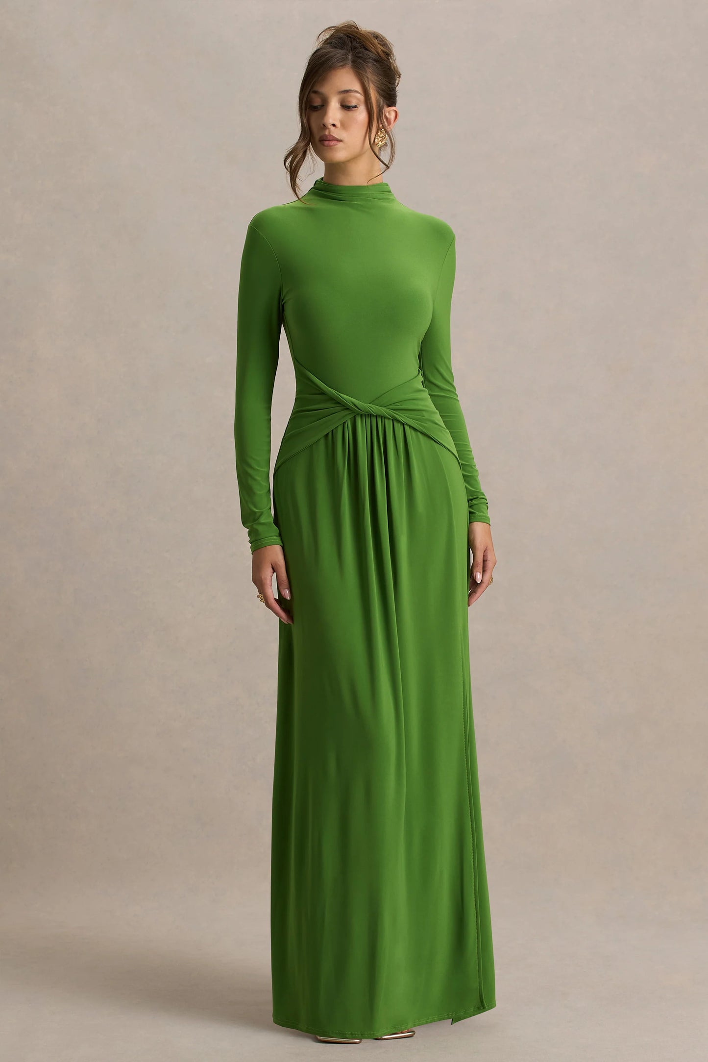 Hourglass Green Long-Sleeve Twisted Maxi Dress With Split