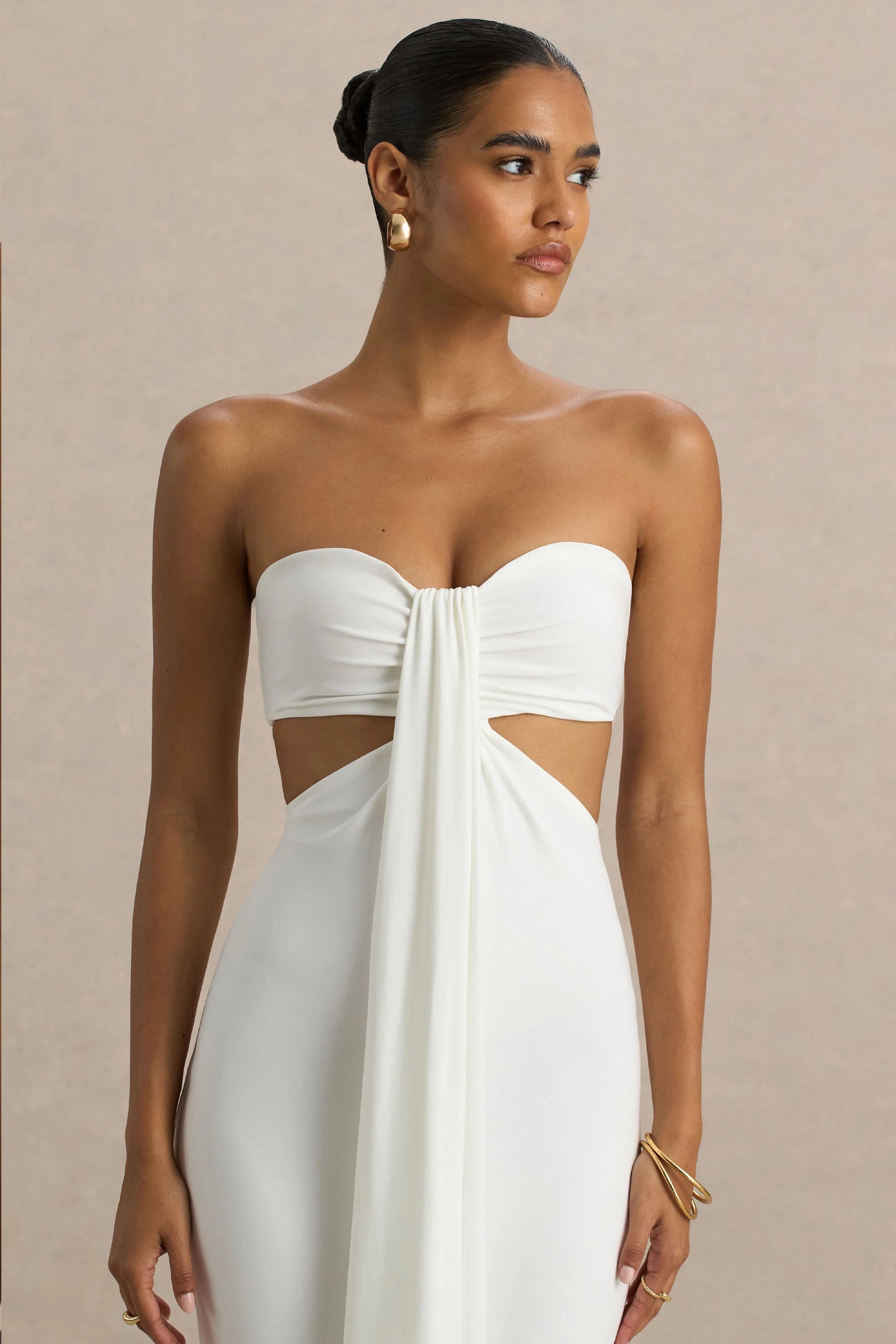 Elixir Cream Sweetheart-Neck Maxi Dress with Cut-Out Details