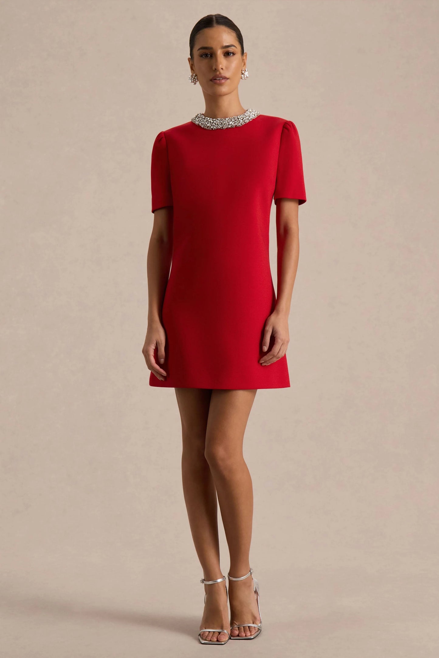 Jackie Red Embellished High-Neck Mini Dress