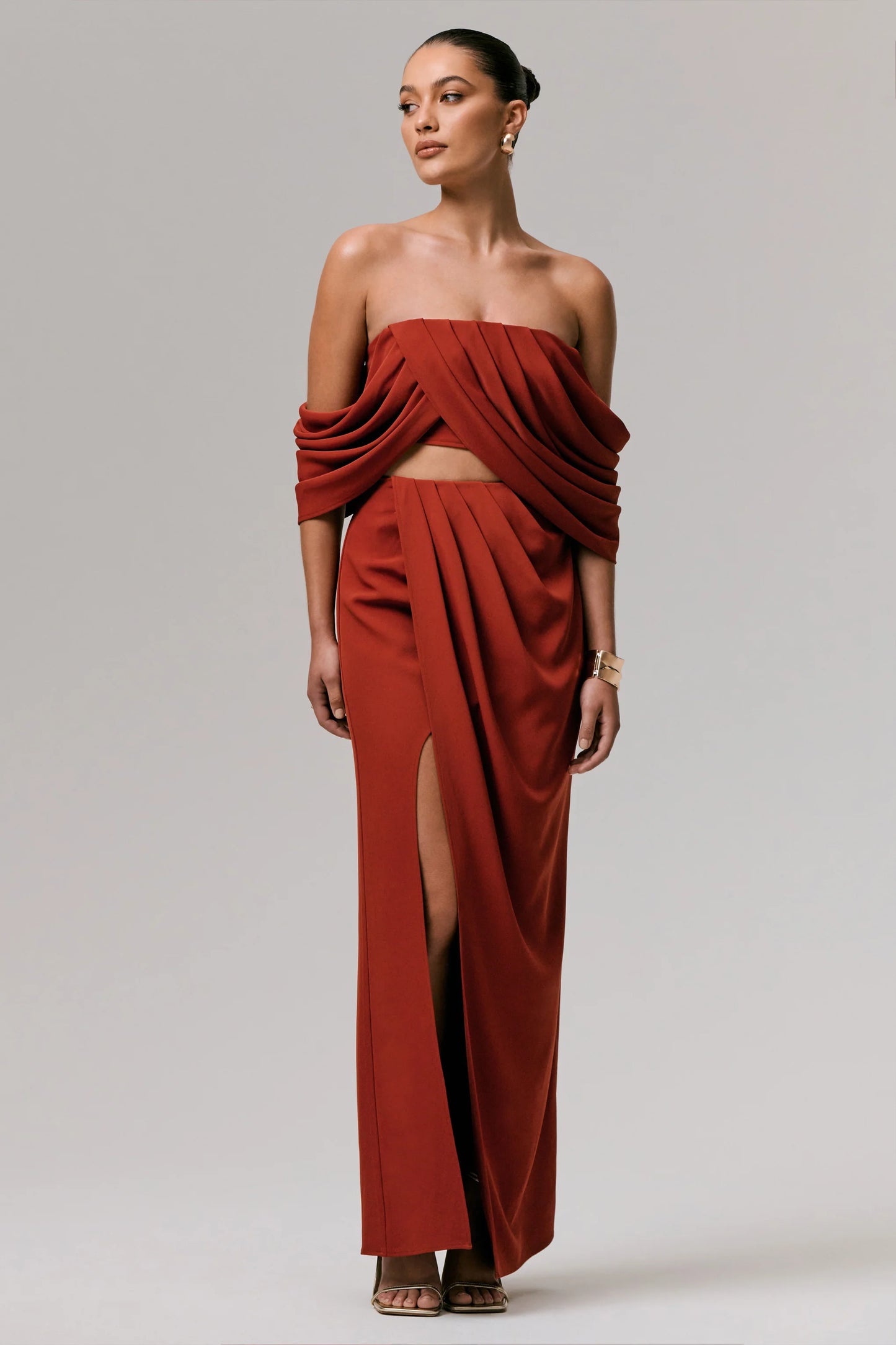 Zelina Terracotta Mid-Rise Maxi Skirt with Split