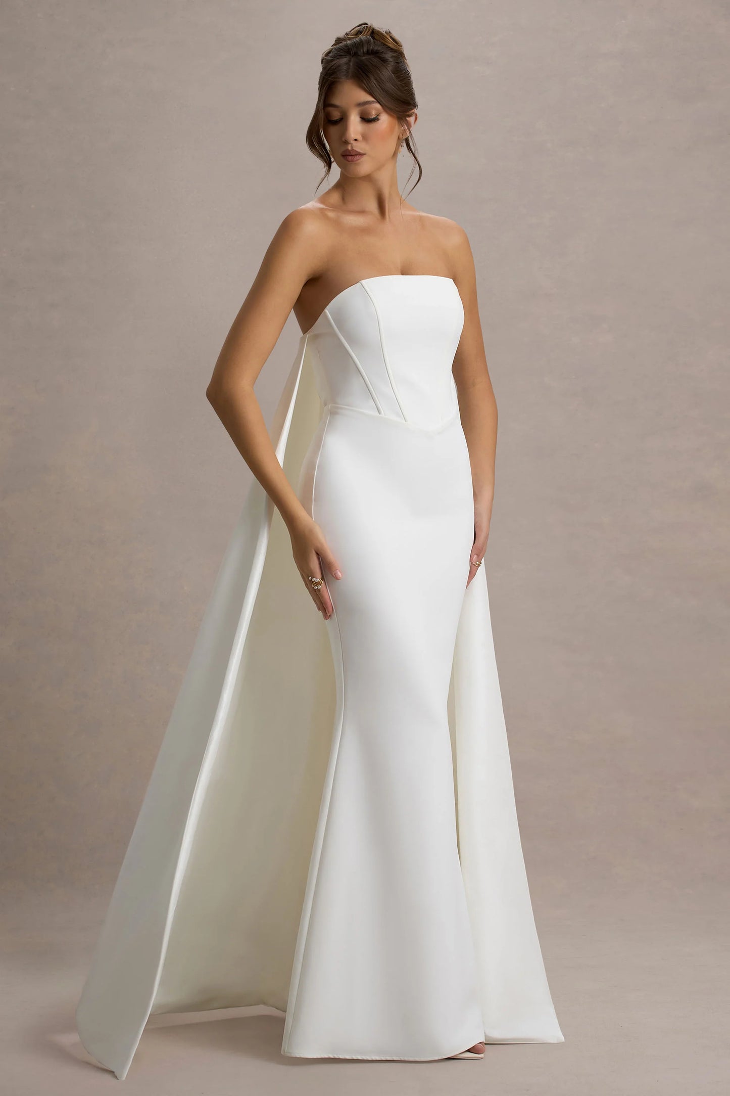 She's Trouble White Bandeau Maxi Dress With Cape
