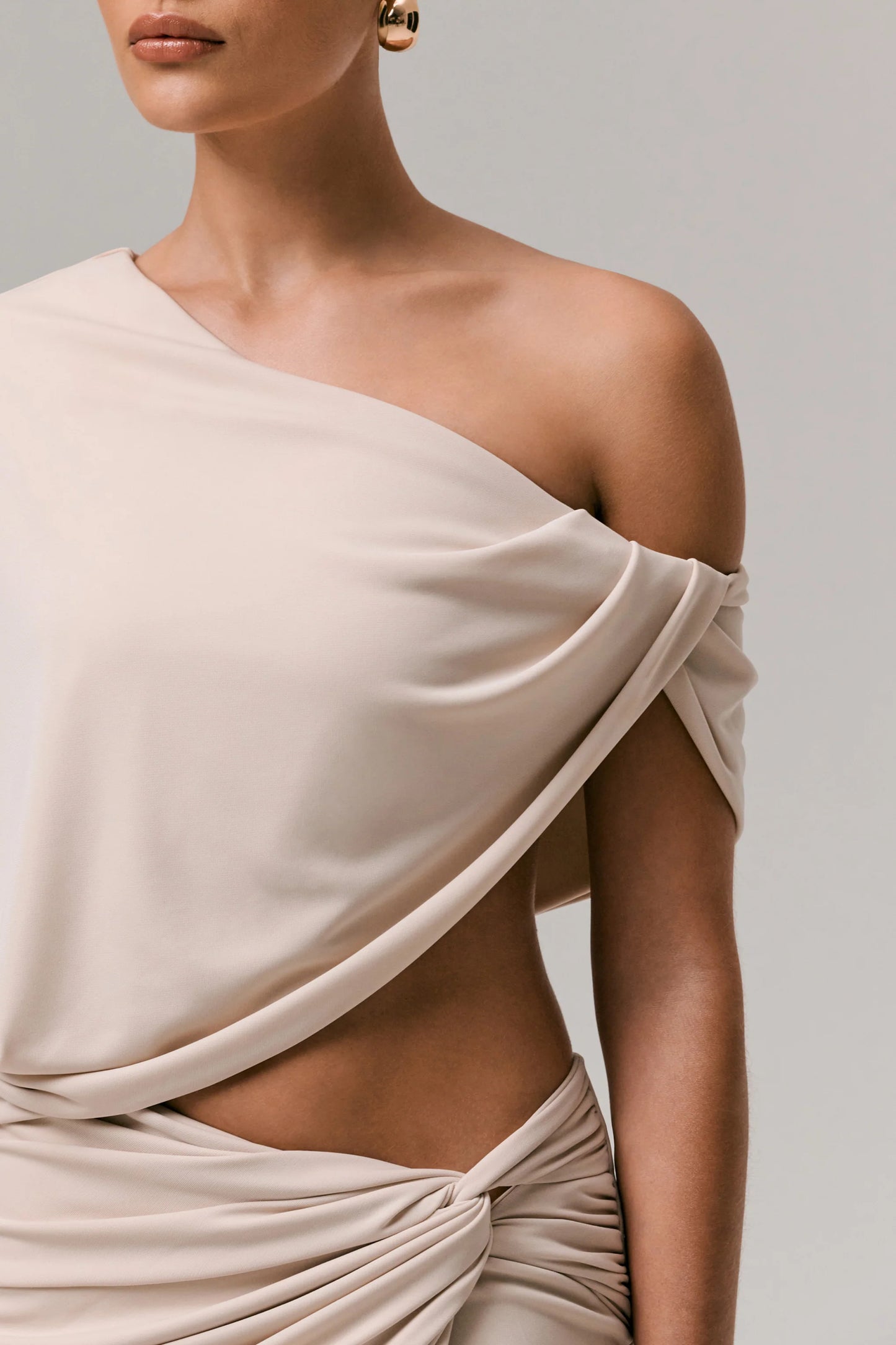 Dua Stone Asymmetric One-Sleeve Draped Top