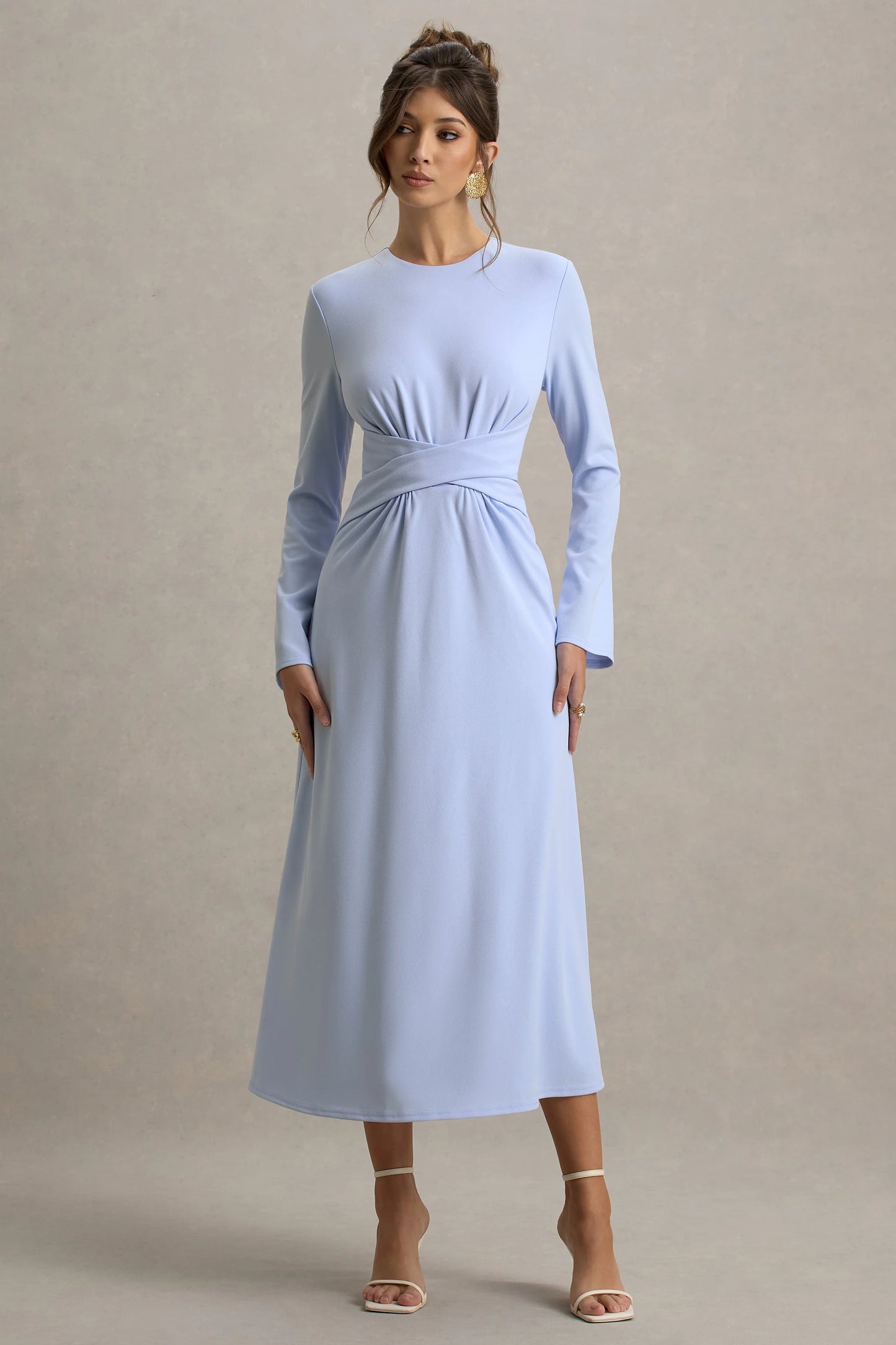 Cassiopeia Light Blue Long-Sleeve Midi Dress With Cross Waist