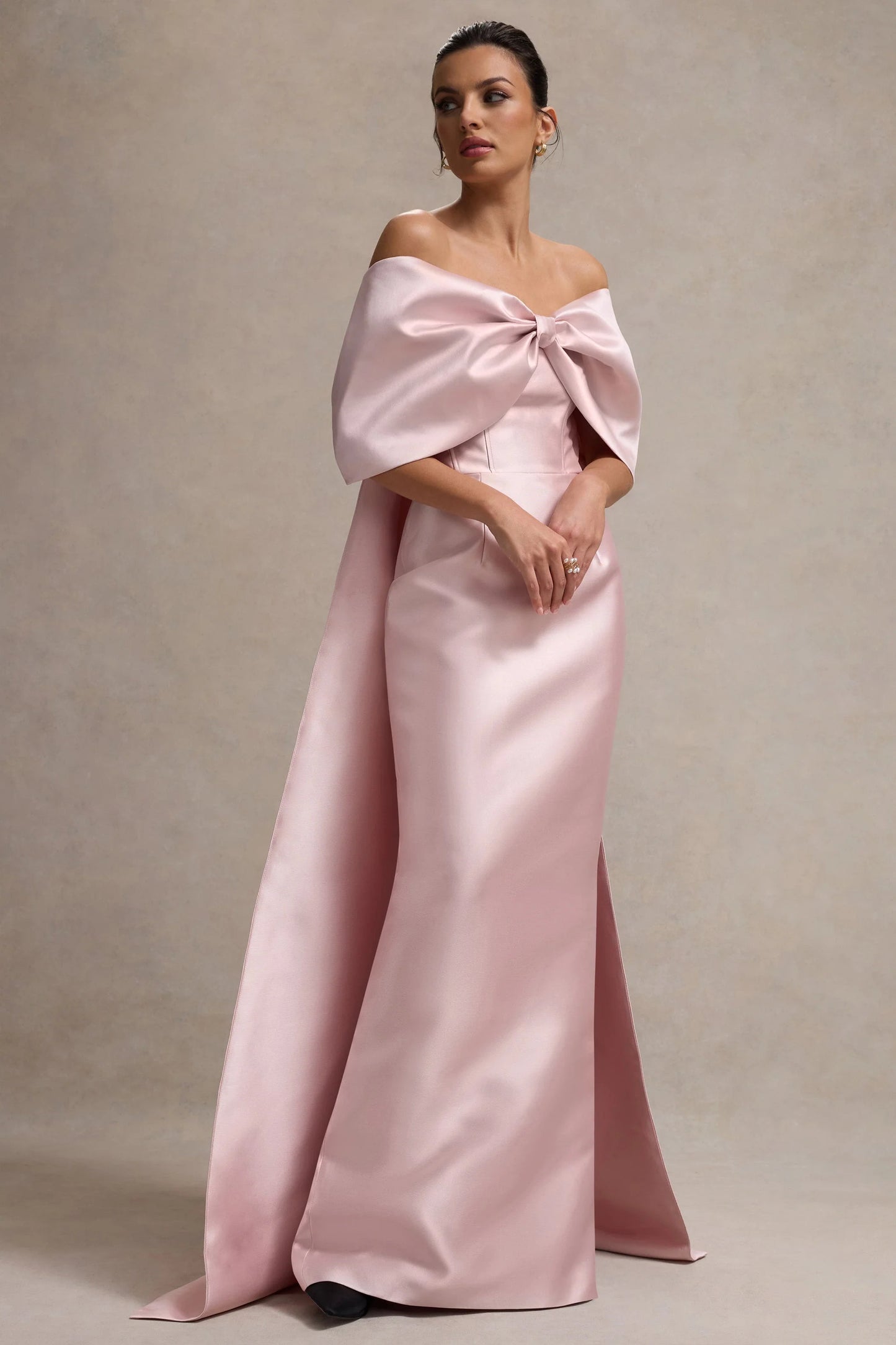 Wanting More Pink Satin Cape Maxi Dress With Oversized Bow