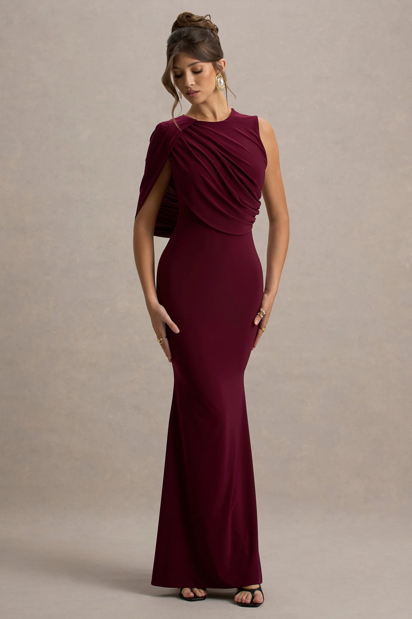 Rae Burgundy Maxi Dress With One-Sleeve Cape