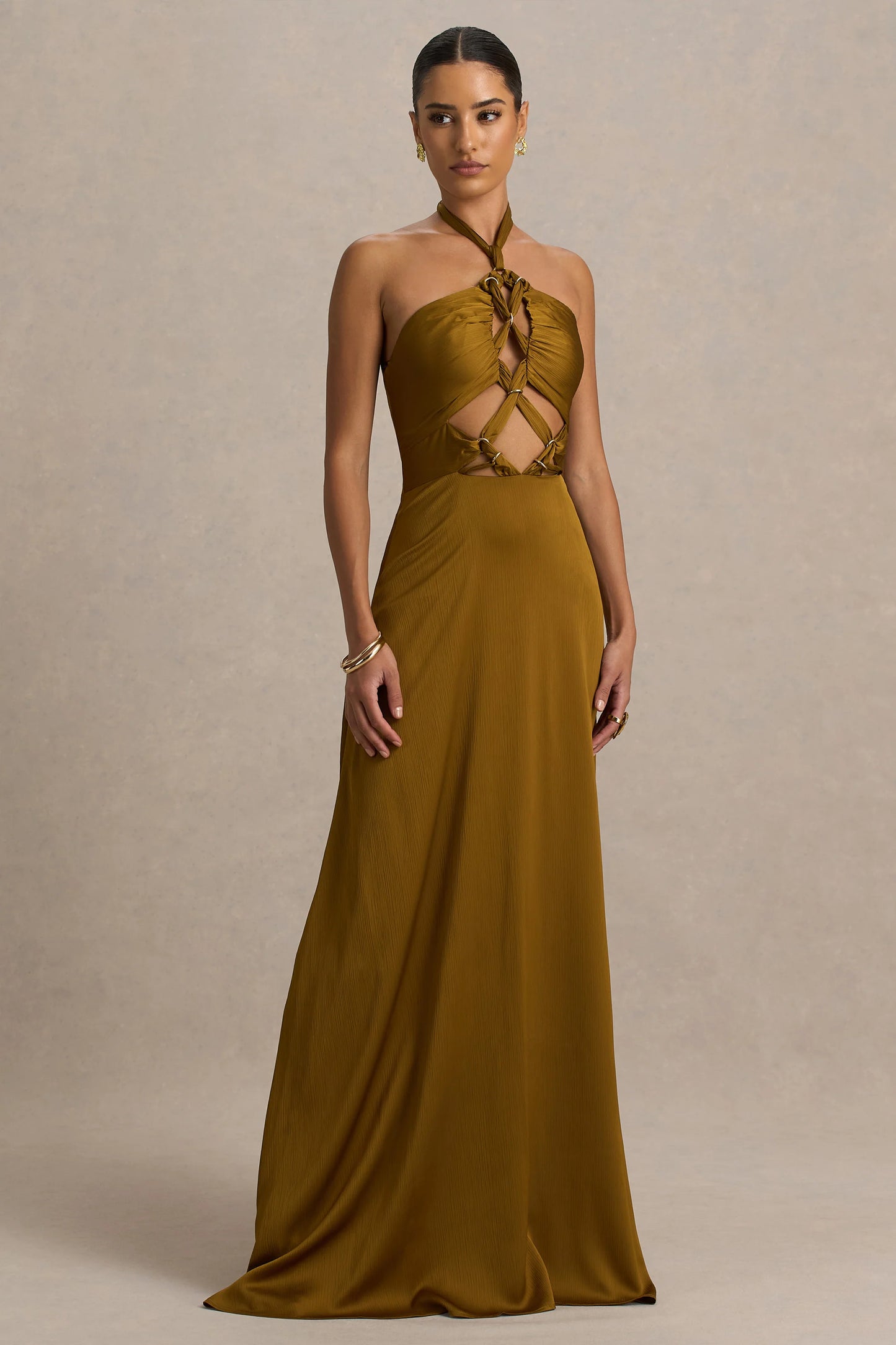 Aleera Olive Chiffon Halter-Neck Maxi Dress With Cut-Out Detail
