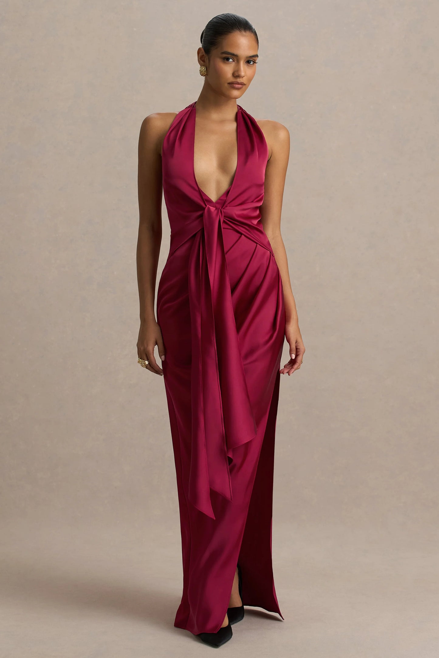 Lynette Burgundy Satin Plunge-Neck Maxi Dress With Asymmetric Hem